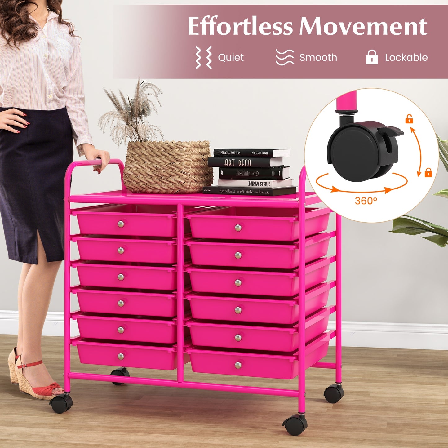 12 Drawers Rolling Storage Cart for Home and Office, Pink File Cabinets at Gallery Canada