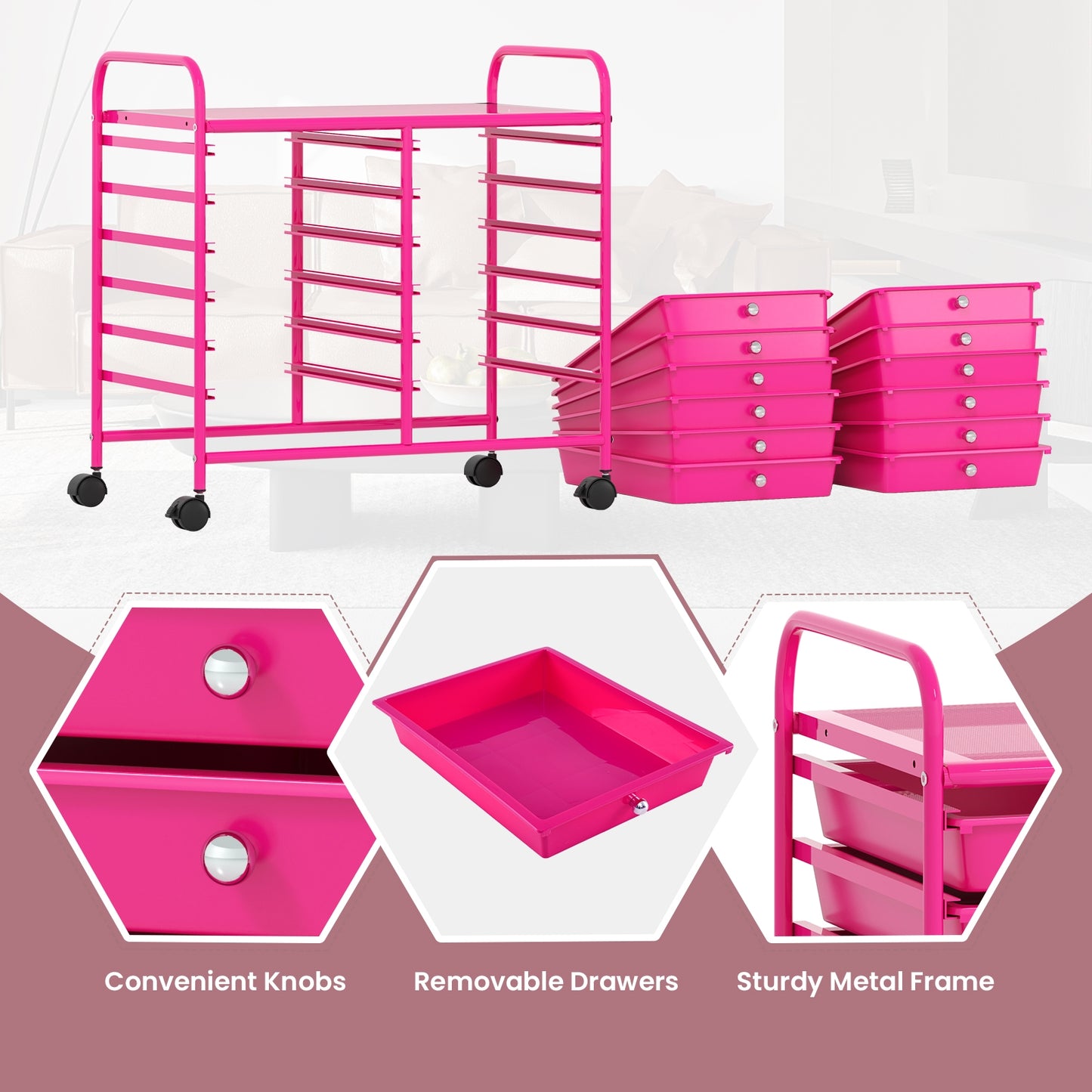12 Drawers Rolling Storage Cart for Home and Office, Pink File Cabinets at Gallery Canada