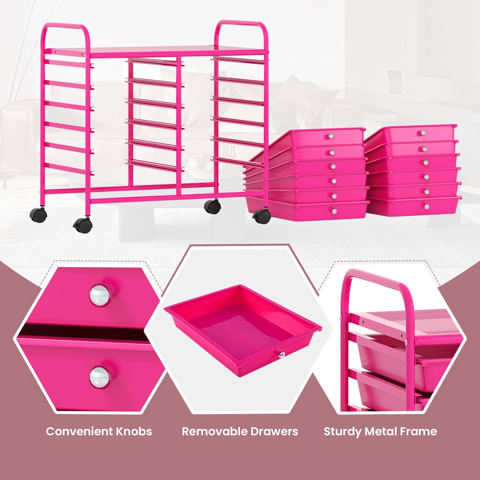 12 Drawers Rolling Storage Cart for Home and Office, Pink File Cabinets at Gallery Canada