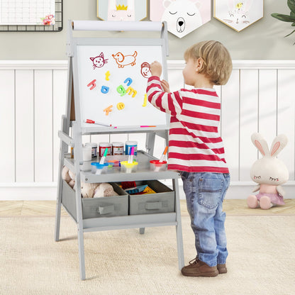 3-In-1 Kids Art Easel, Magnetic Chalkboard And Whiteboard, Gray