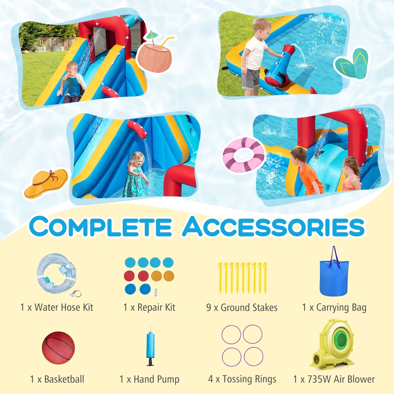 Inflatable Double Water Slide Park 9-in-1 Giant Bounce House 735W Blower Included Inflatable Water Slides at Gallery Canada