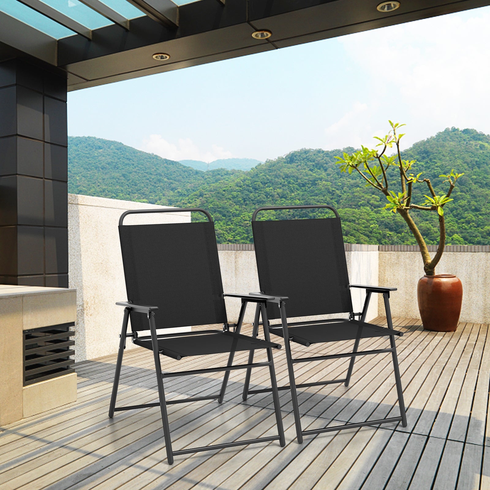 Outdoor Folding Sling Chairs with Armrest and Backrest, Black Patio Dining Chairs at Gallery Canada