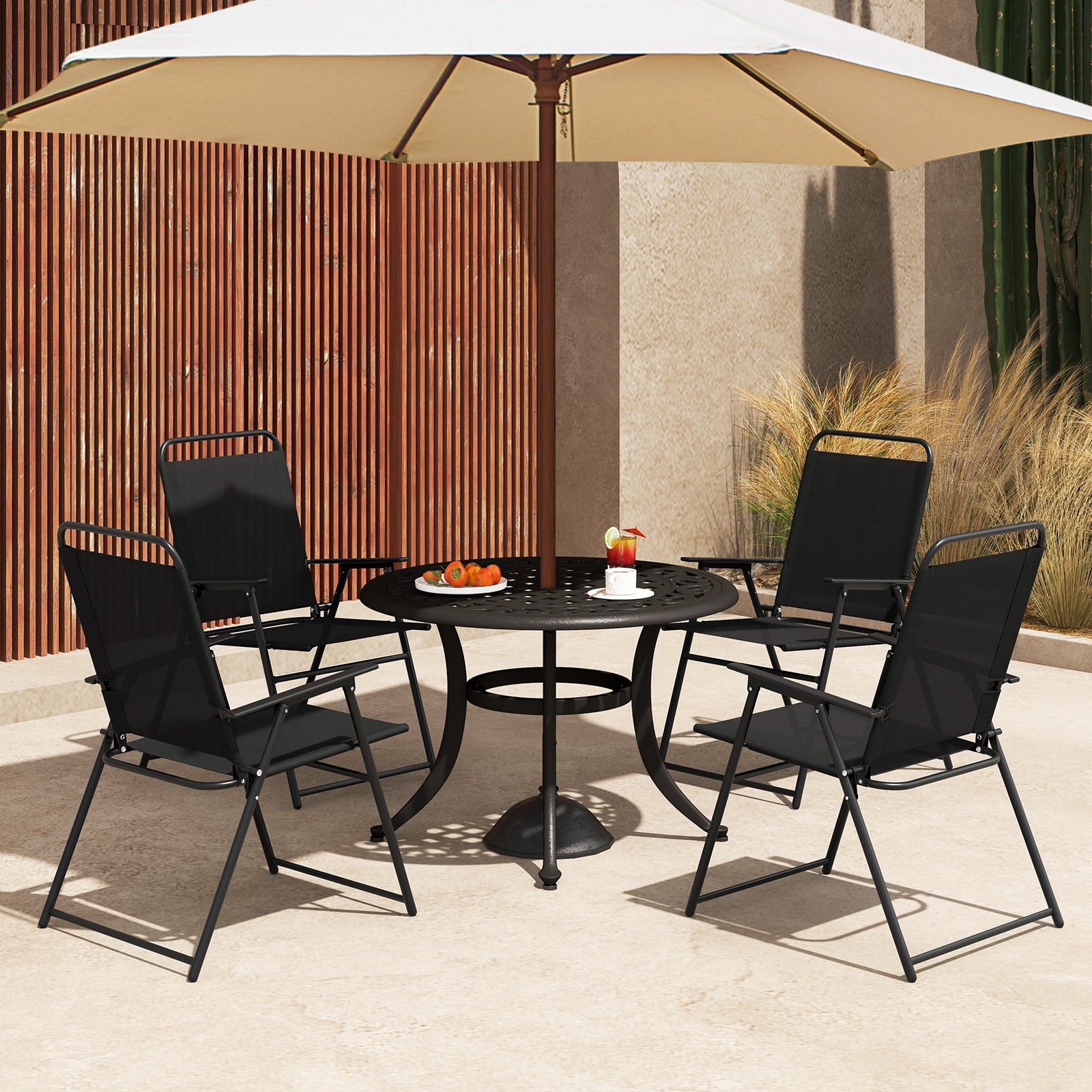 Outdoor Folding Sling Chairs with Armrest and Backrest, Black Patio Dining Chairs at Gallery Canada