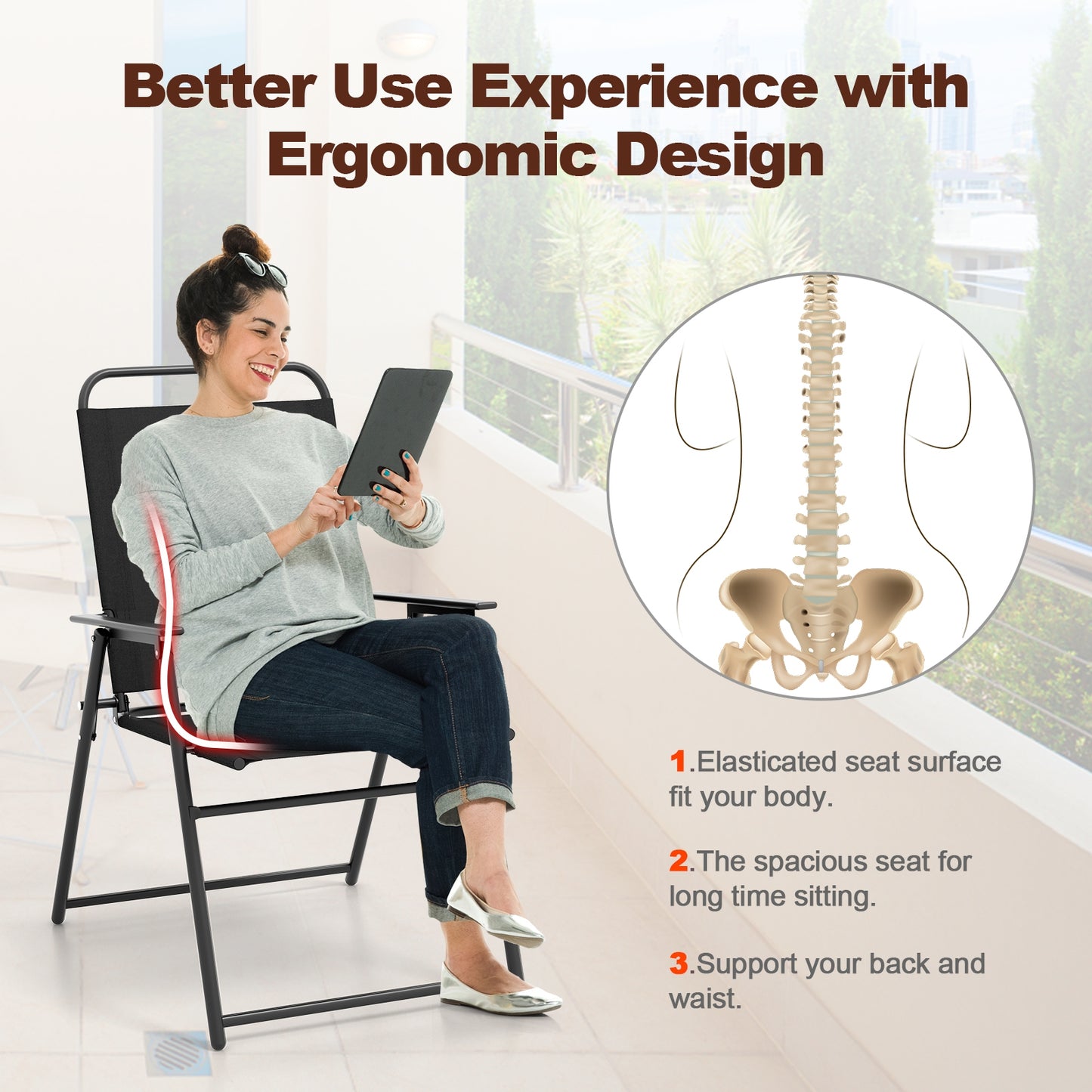 Outdoor Folding Sling Chairs with Armrest and Backrest, Black Patio Dining Chairs at Gallery Canada