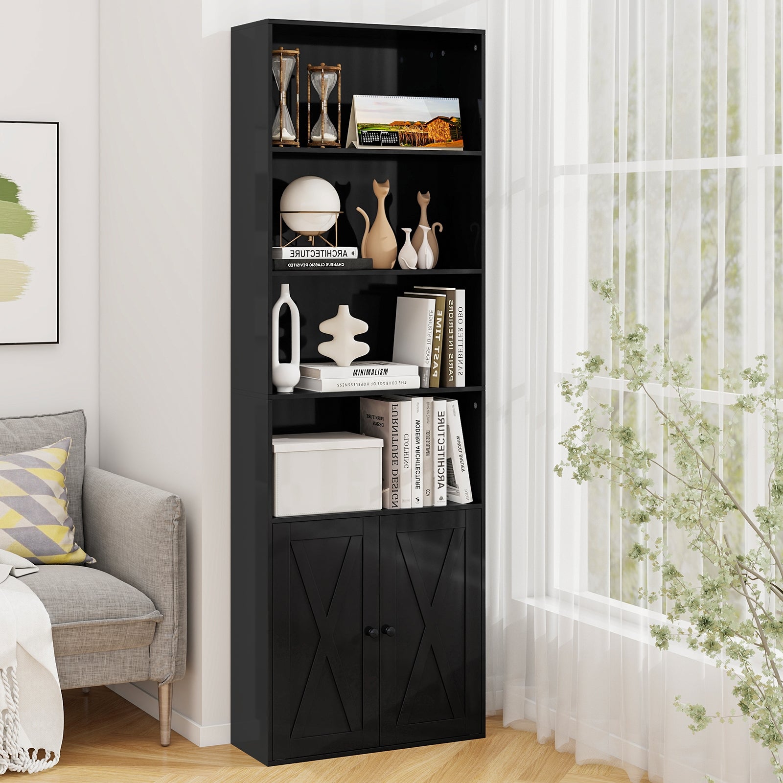 71 Inch Freestanding Bookshelf with 6 Shelves and 2-Door Cabinet, Black Bookcases at Gallery Canada