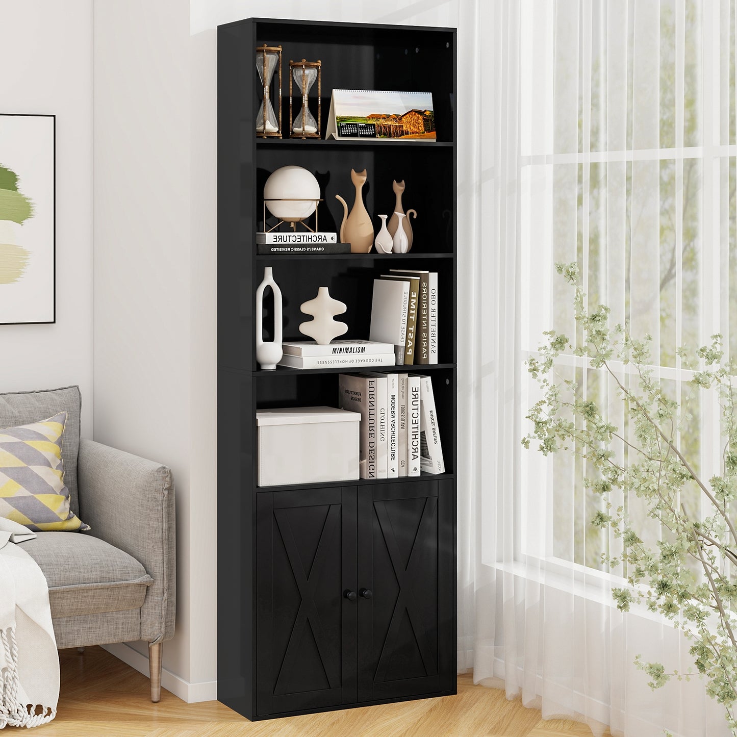 71 Inch Freestanding Bookshelf with 6 Shelves and 2-Door Cabinet, Black Bookcases at Gallery Canada