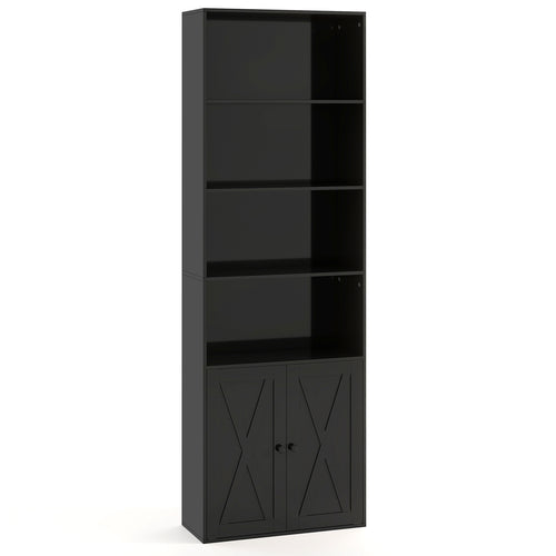 71 Inch Freestanding Bookshelf with 6 Shelves and 2-Door Cabinet, Black
