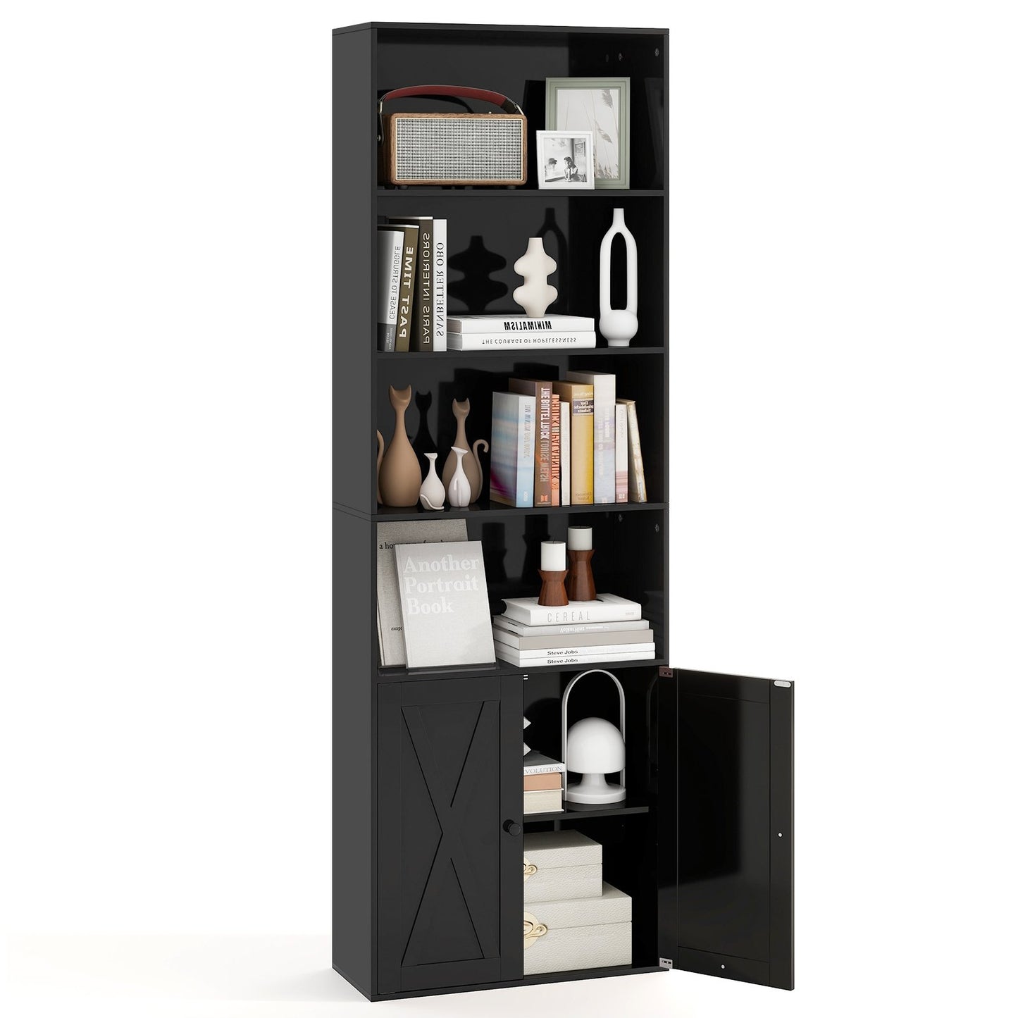71 Inch Freestanding Bookshelf with 6 Shelves and 2-Door Cabinet, Black Bookcases at Gallery Canada