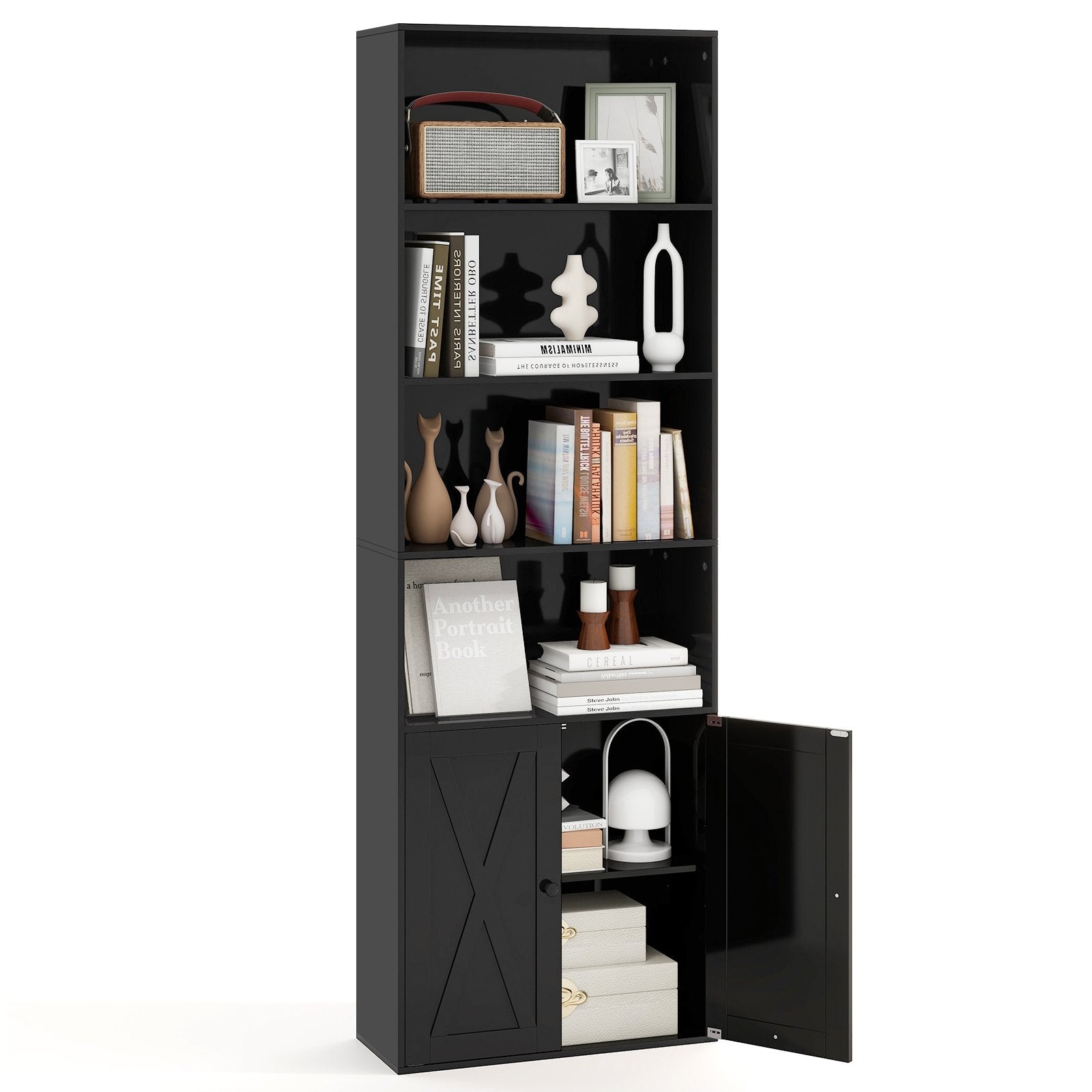 71 Inch Freestanding Bookshelf with 6 Shelves and 2-Door Cabinet, Black Bookcases at Gallery Canada