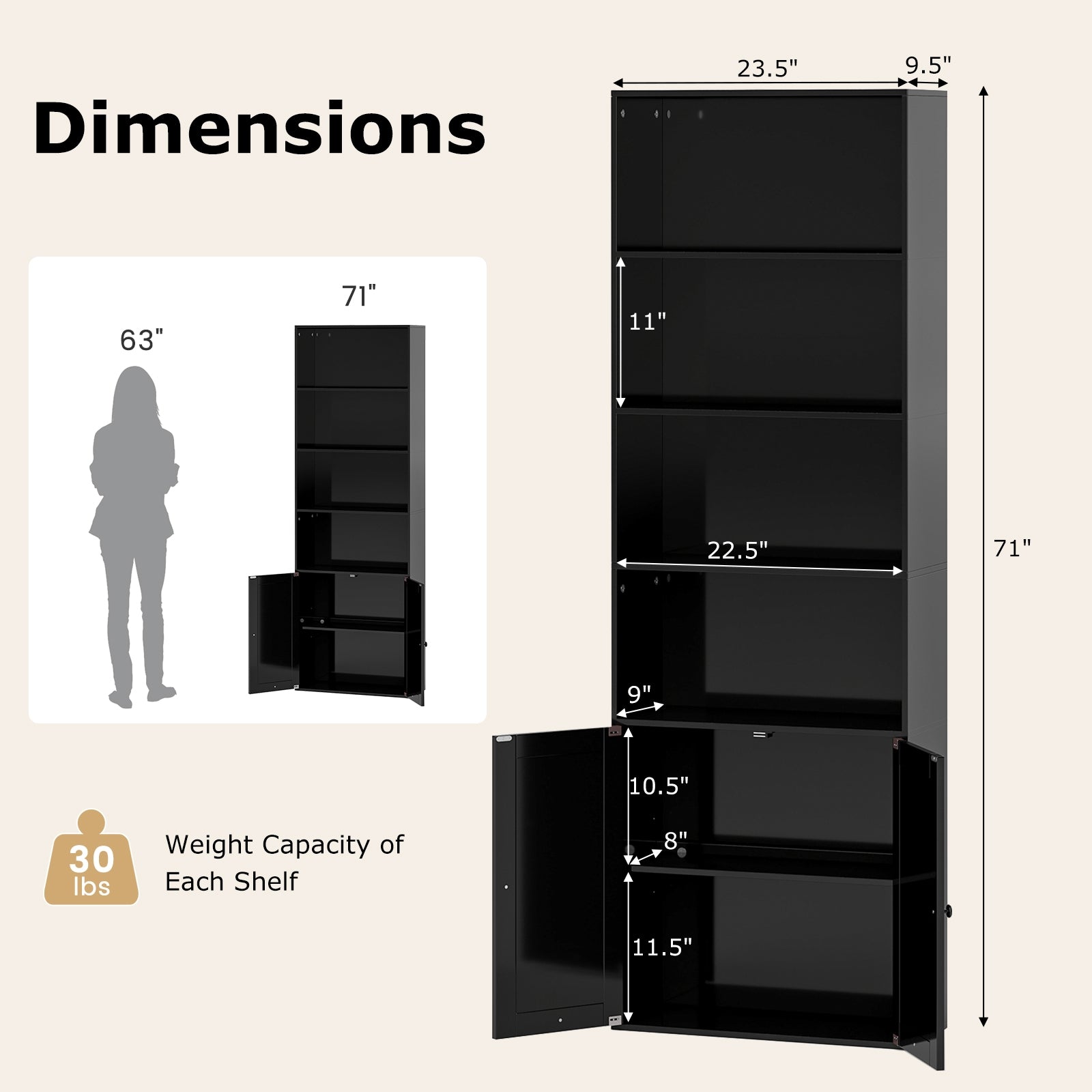 71 Inch Freestanding Bookshelf with 6 Shelves and 2-Door Cabinet, Black Bookcases at Gallery Canada