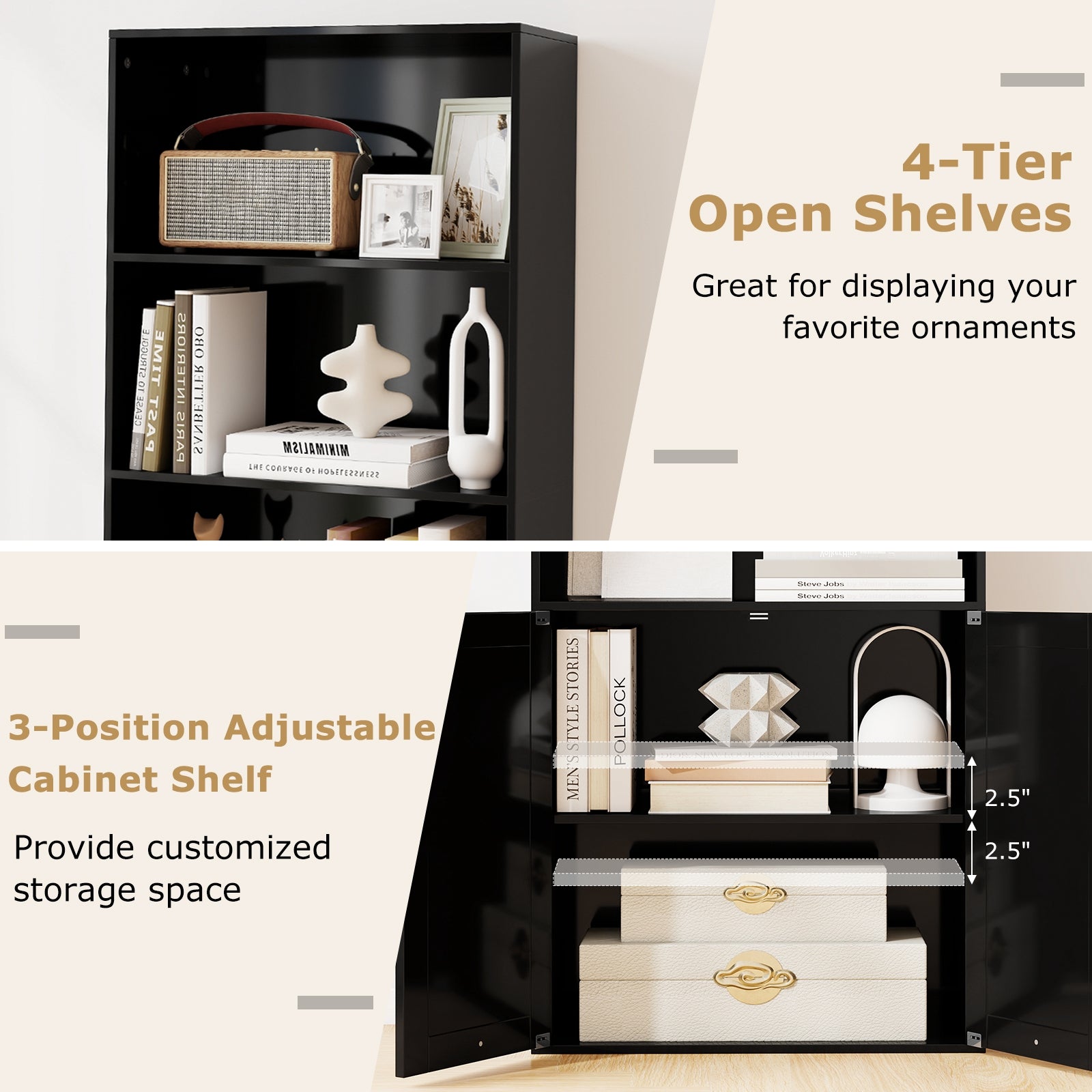 71 Inch Freestanding Bookshelf with 6 Shelves and 2-Door Cabinet, Black Bookcases at Gallery Canada