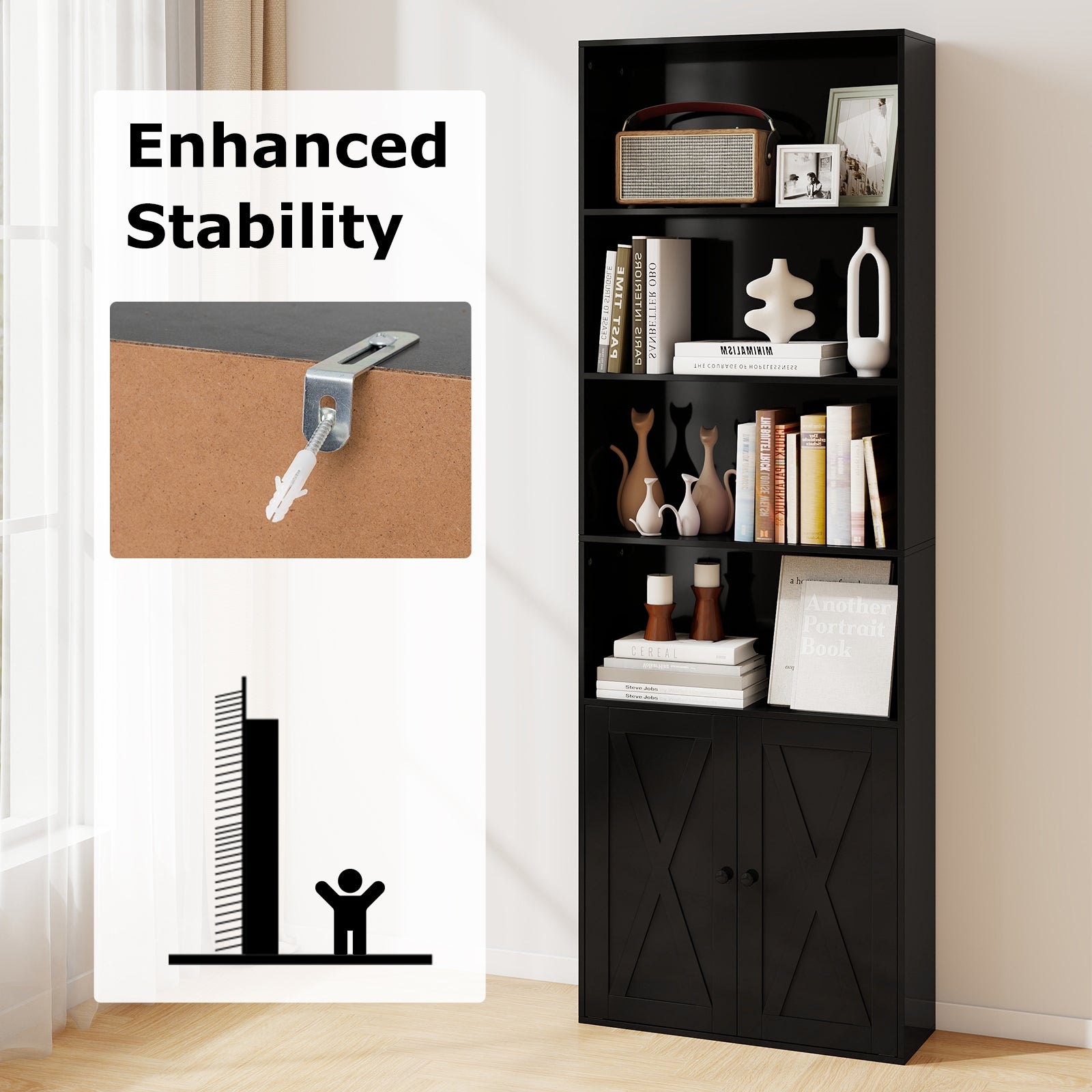 71 Inch Freestanding Bookshelf with 6 Shelves and 2-Door Cabinet, Black Bookcases at Gallery Canada