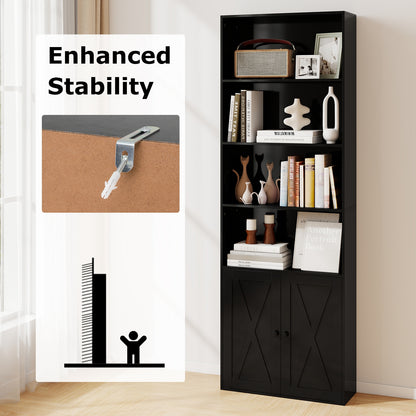 71 Inch Freestanding Bookshelf with 6 Shelves and 2-Door Cabinet, Black Bookcases at Gallery Canada