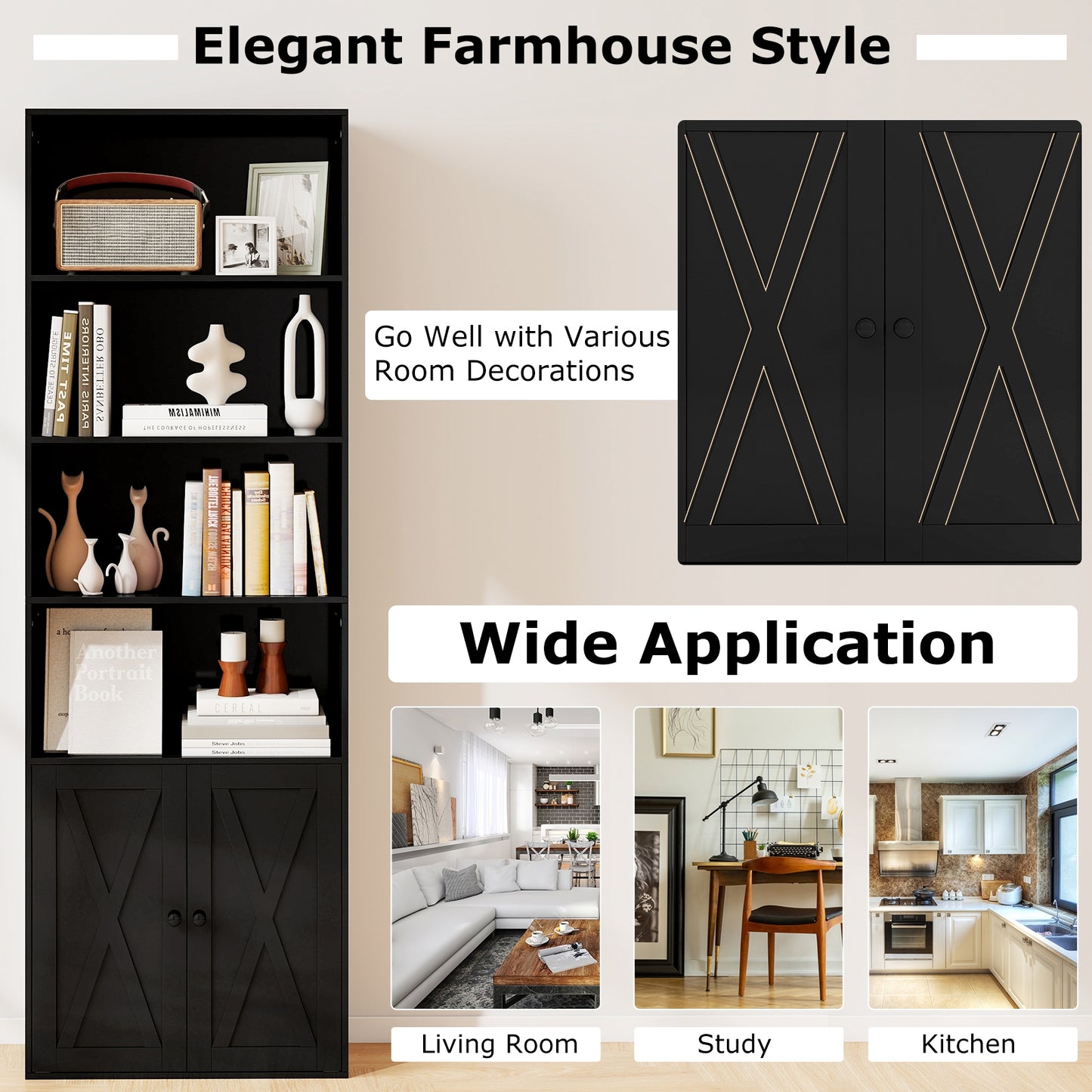 71 Inch Freestanding Bookshelf with 6 Shelves and 2-Door Cabinet, Black Bookcases at Gallery Canada