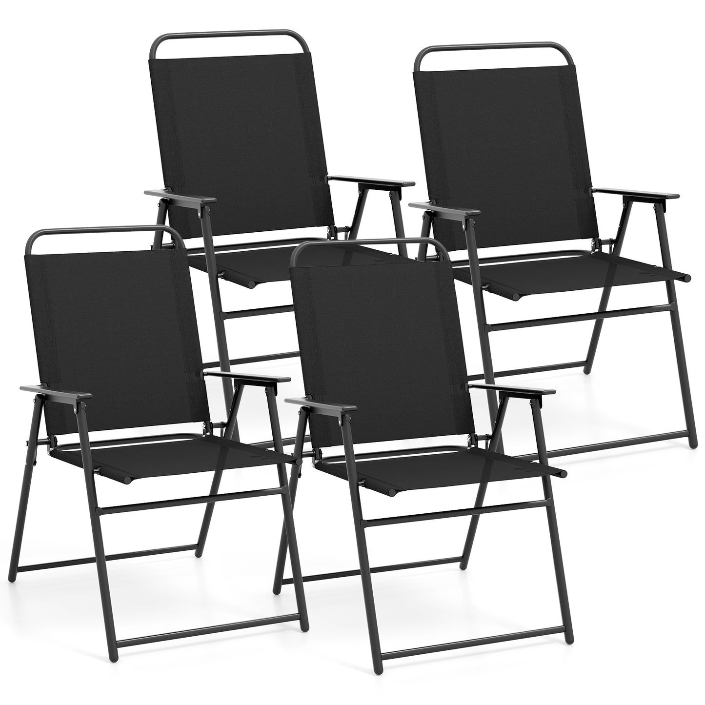 Outdoor Folding Sling Chairs Set of 4 with Armrest and Backrest, Black Patio Dining Chairs Black at Gallery Canada