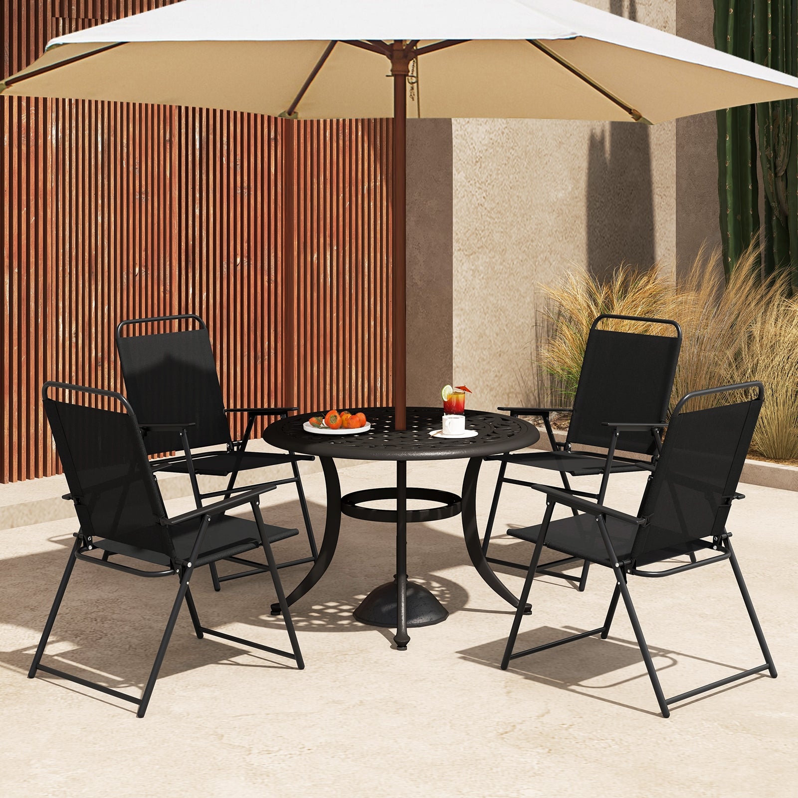 Outdoor Folding Sling Chairs Set of 4 with Armrest and Backrest, Black Patio Dining Chairs at Gallery Canada