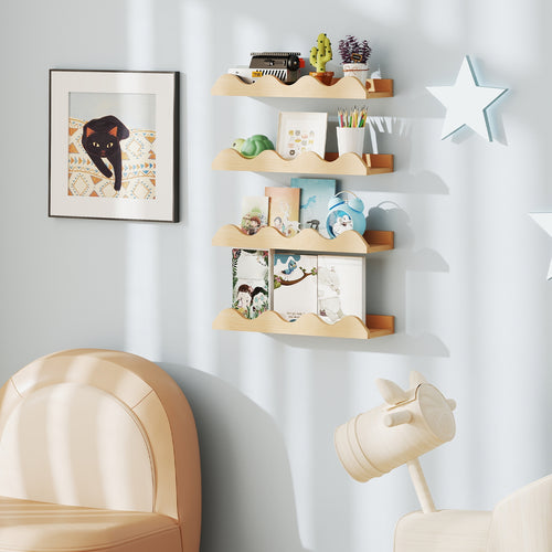 16 Inch Kids Bookshelf Set of 4 Floating Nursery Book Shelves for Decoration Book Toy Storage, Natural