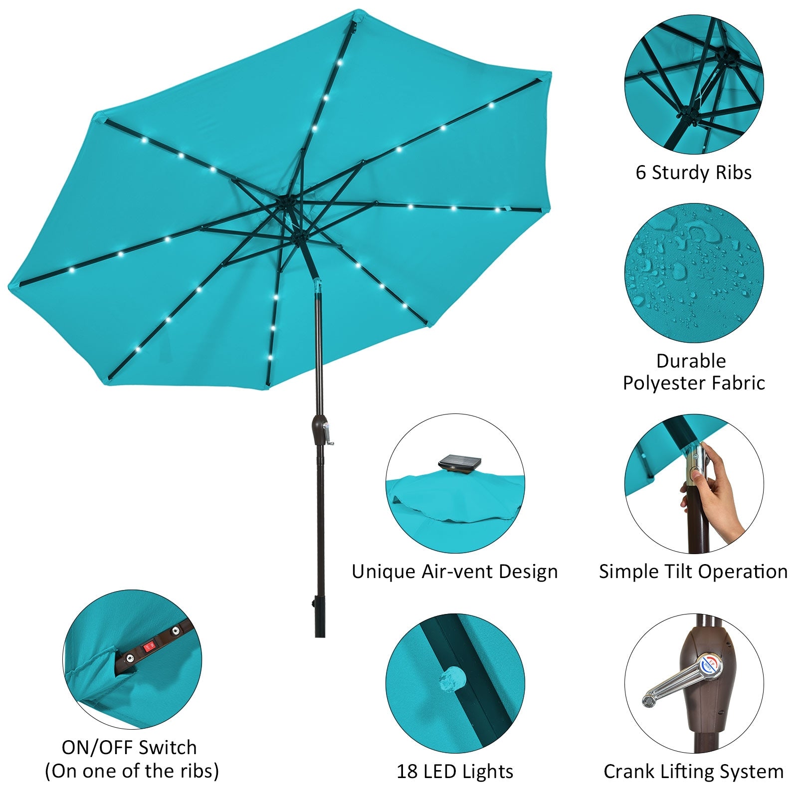 10 Feet Outdoor Patio Umbrella with Bright Solar LED Lights, Turquoise Outdoor Umbrellas at Gallery Canada