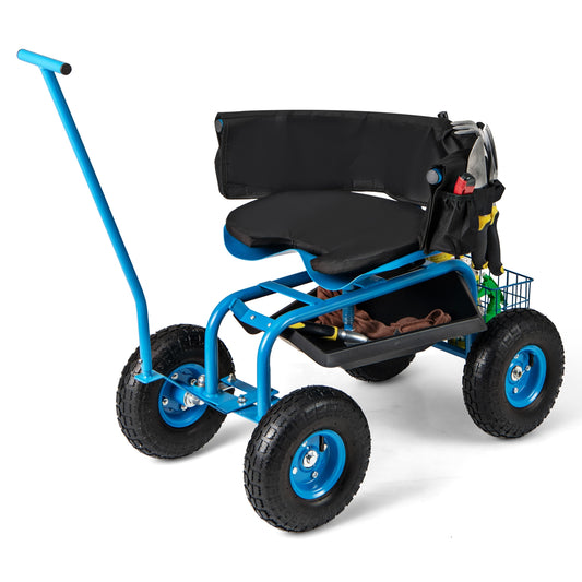 Rolling Garden Cart, Height Adjustable Swivel Seat, Storage Basket, Blue Garden Carts Blue at Gallery Canada