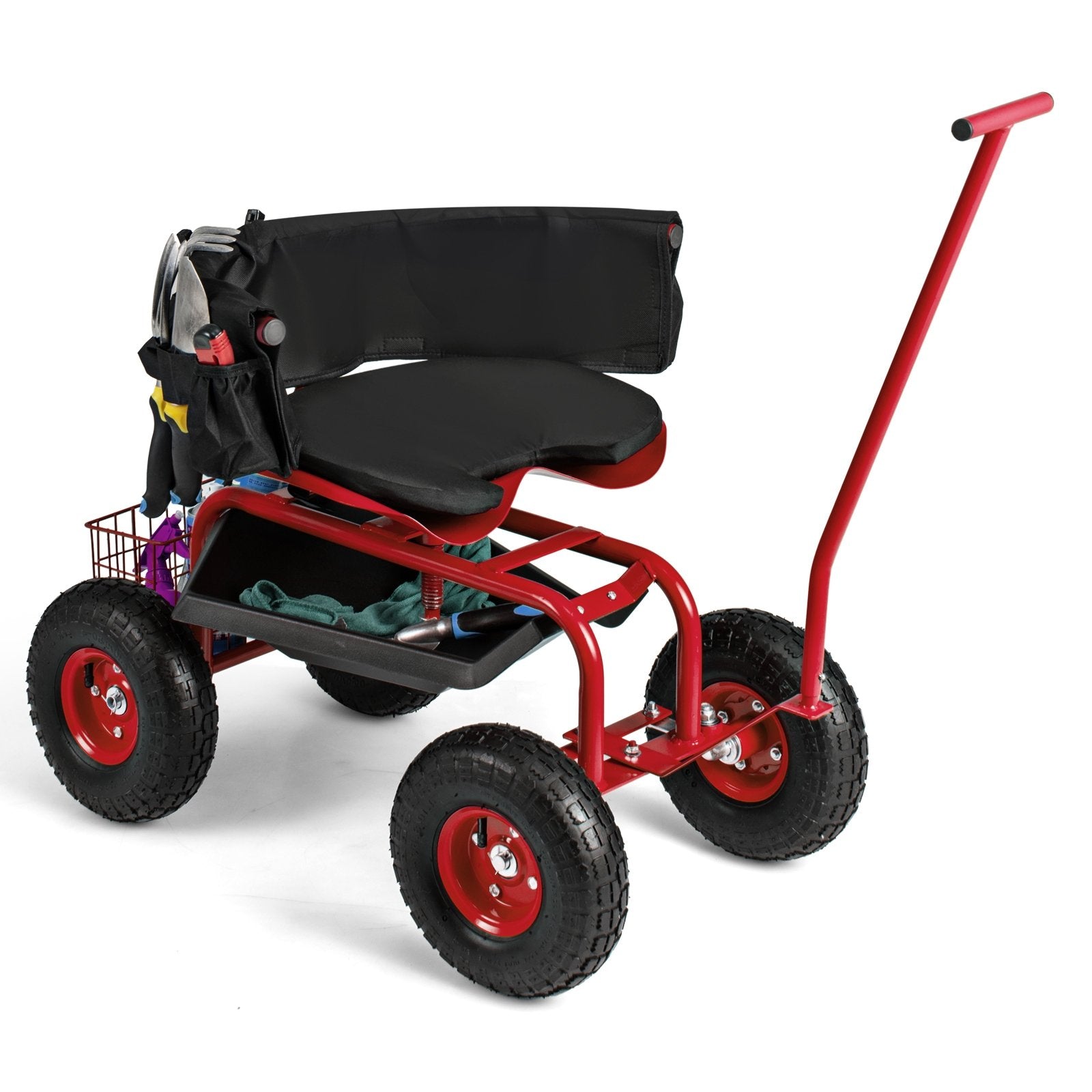 Rolling Garden Cart with Height Adjustable Swivel Seat and Storage Basket, Red Garden Carts at Gallery Canada