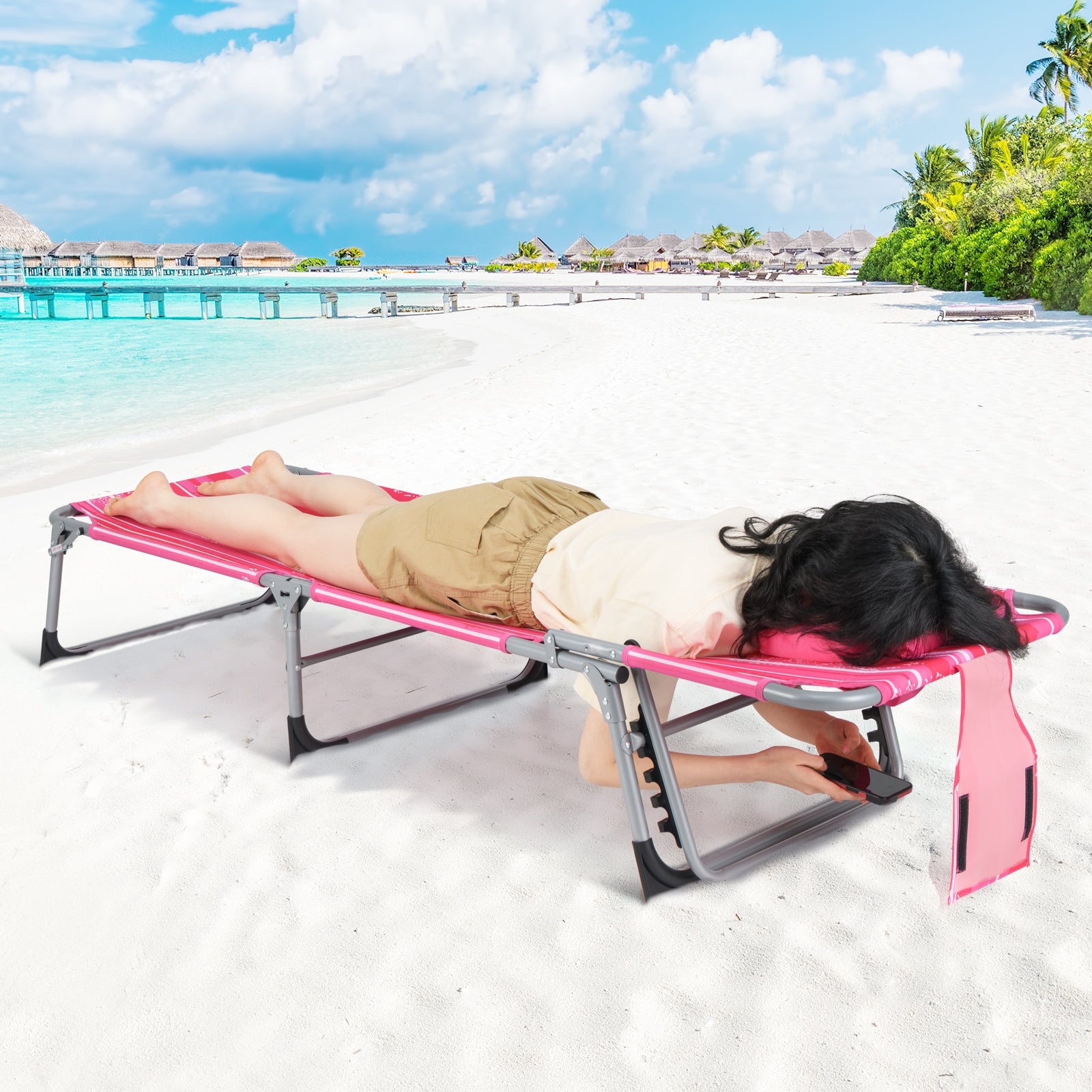 Folding Beach Lounge Chair with Pillow for Outdoor-Pink and White, White & Pink Outdoor Chaise Lounges at Gallery Canada