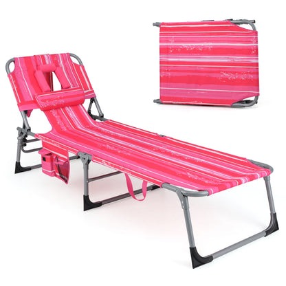 Folding Beach Lounge Chair with Pillow for Outdoor-Pink and White, White & Pink Outdoor Chaise Lounges at Gallery Canada