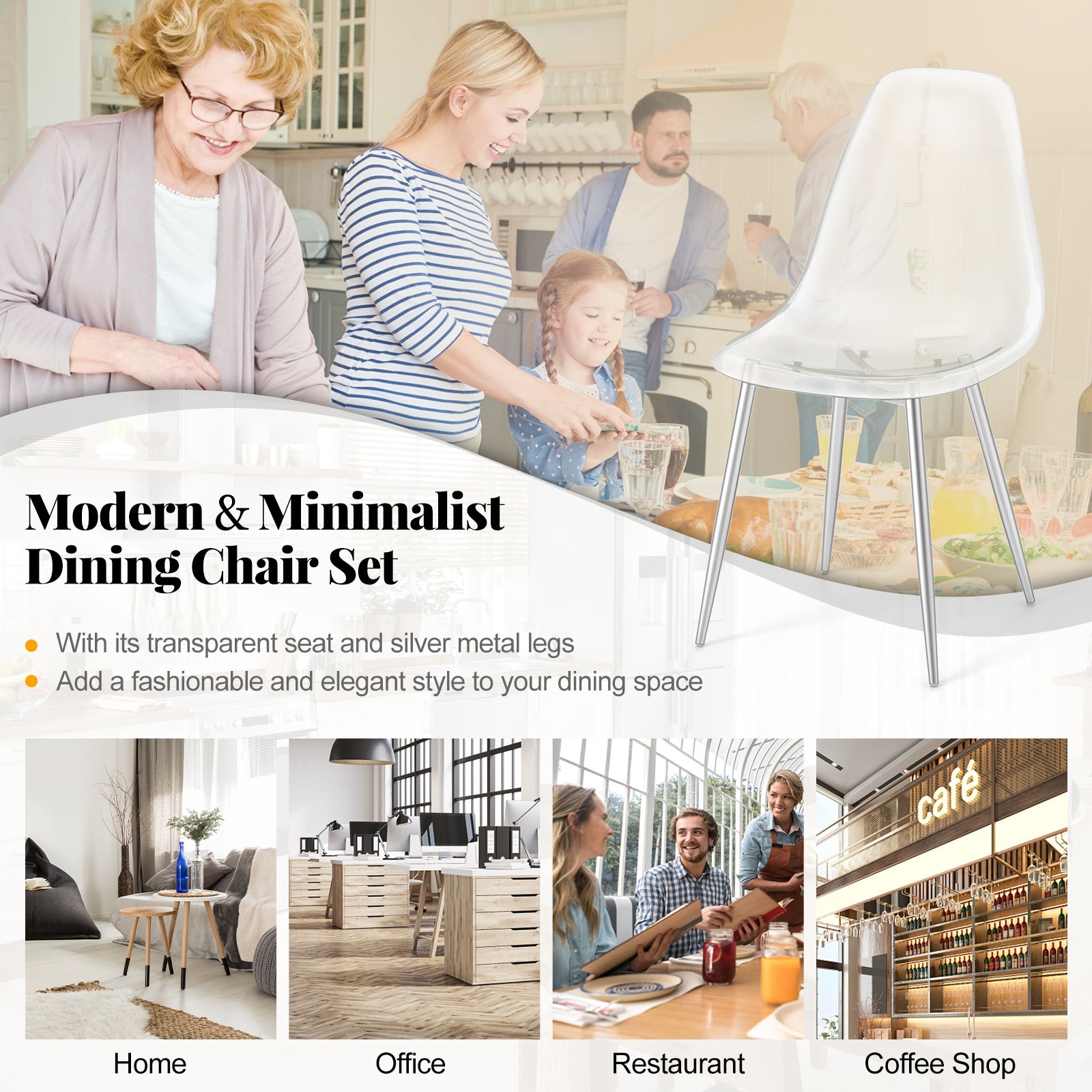 Set of 4 Dining Chairs Modern Plastic Shell Side Chair with Clear Seat and Wood Legs, Silver Dining Chairs at Gallery Canada