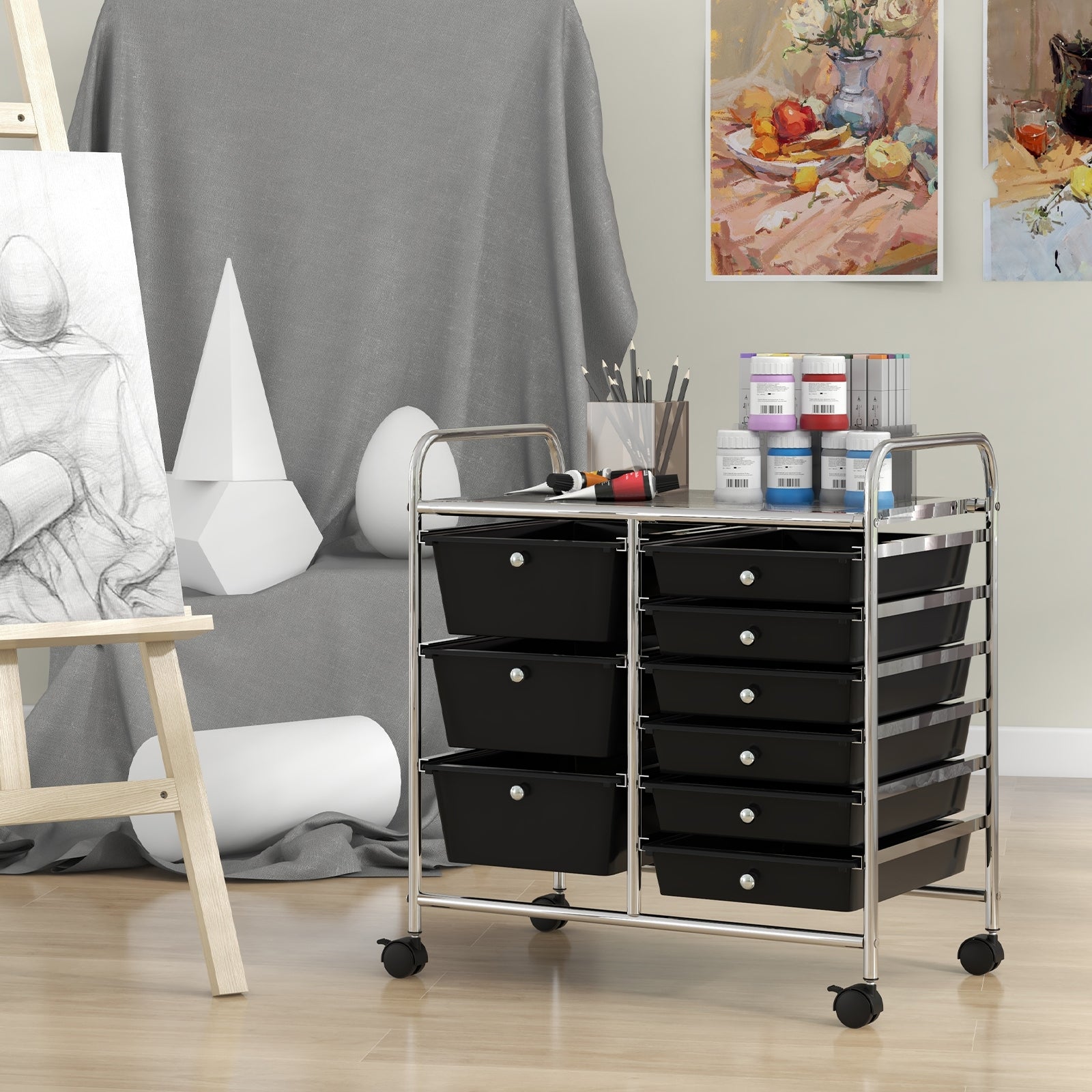 9-Drawer Rolling Storage Cart with Colorful Drawers and Metal Frame, Black File Cabinets at Gallery Canada