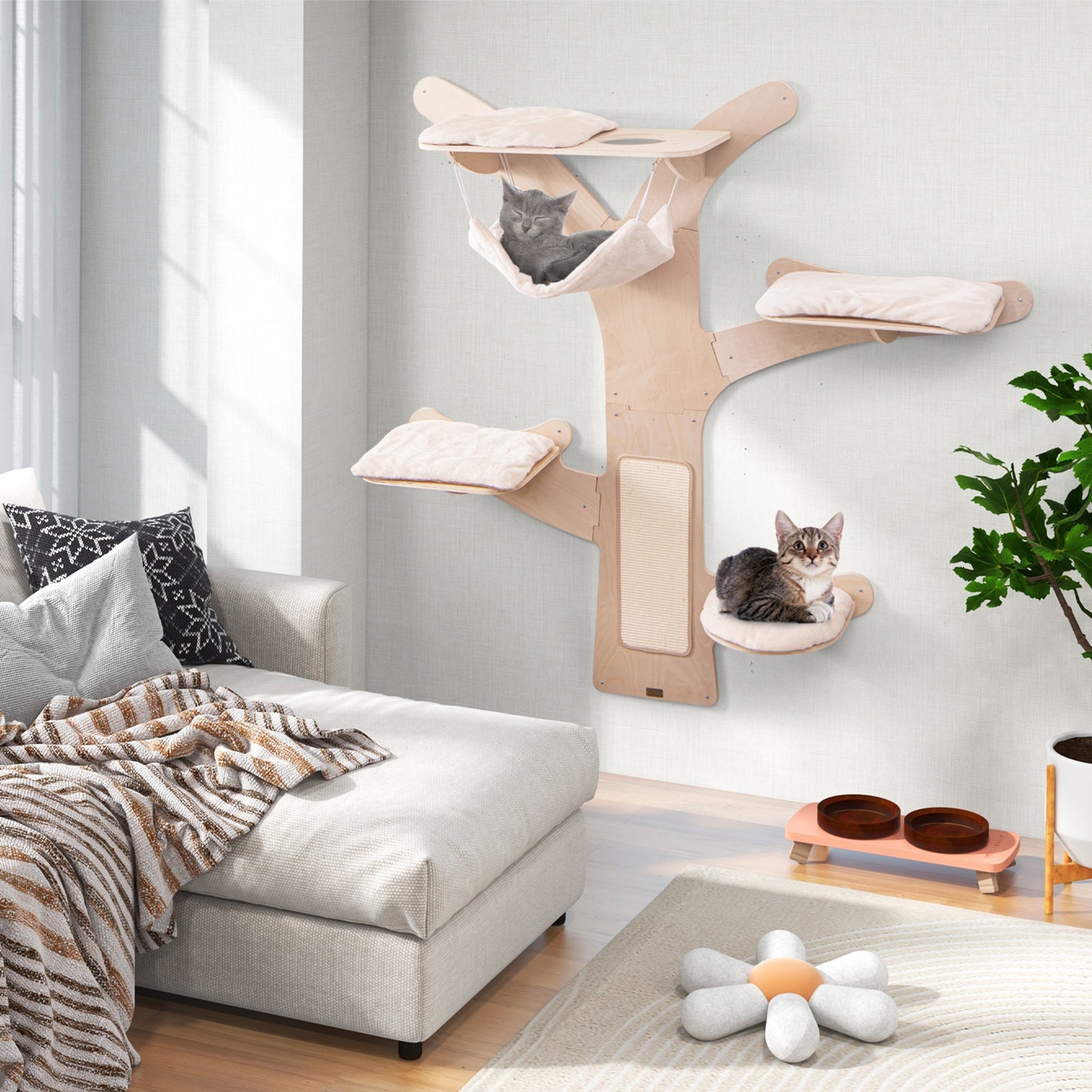 Wall-Mounted Cat Tower with Hammock Platforms and Sisal Scratching Mat, Natural Cat Trees Condos & Scratchers at Gallery Canada