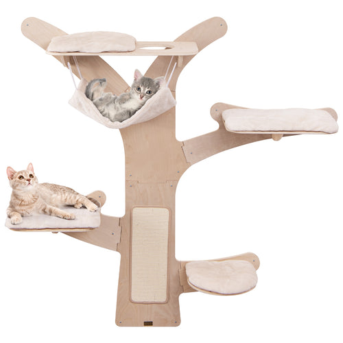 Wall-Mounted Cat Tower With Hammock Platforms, Sisal Scratching Mat, Natural