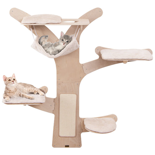 Wall-Mounted Cat Tower with Hammock Platforms and Sisal Scratching Mat, Natural