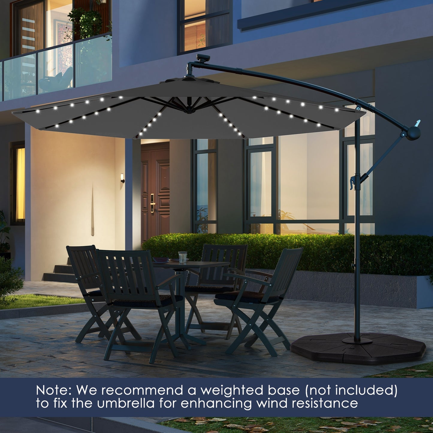 10 Feet Solar Offset Hanging Umbrella with 40 Lamp Beads and Solar Panel, Gray Outdoor Umbrellas at Gallery Canada