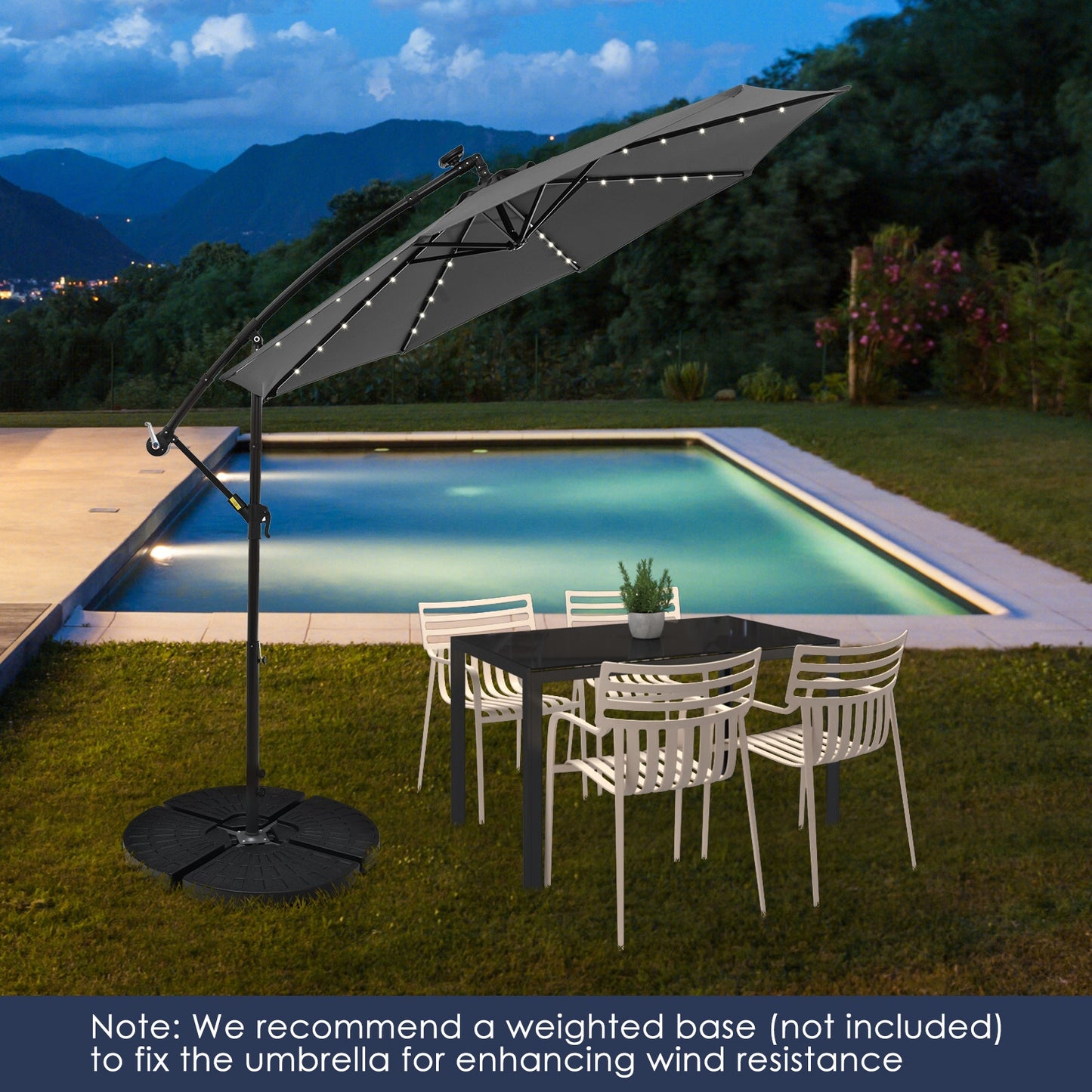 10 Feet Solar Offset Hanging Umbrella with 40 Lamp Beads and Solar Panel, Gray Outdoor Umbrellas at Gallery Canada
