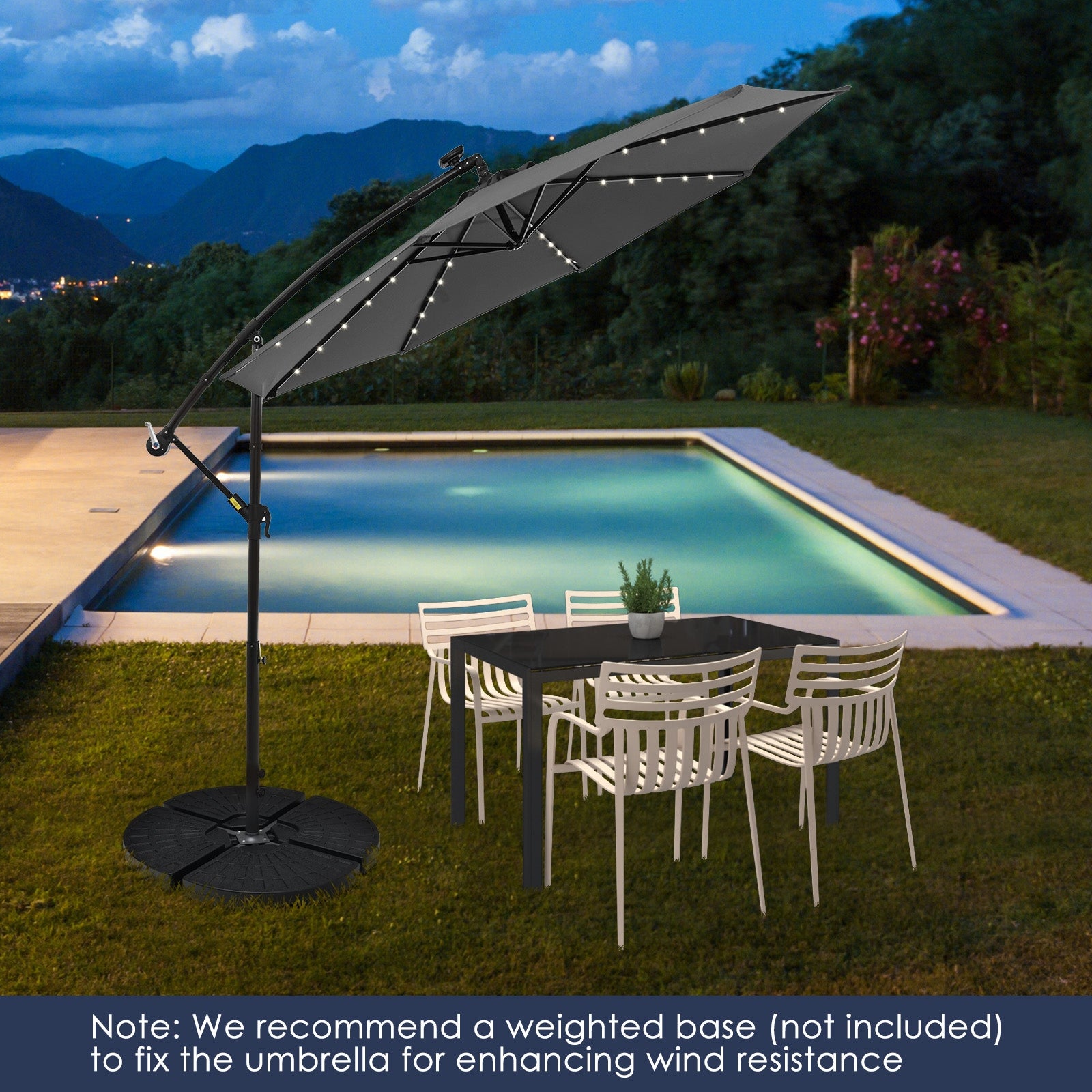 10 Feet Solar Offset Hanging Umbrella with 40 Lamp Beads and Solar Panel, Gray Outdoor Umbrellas at Gallery Canada