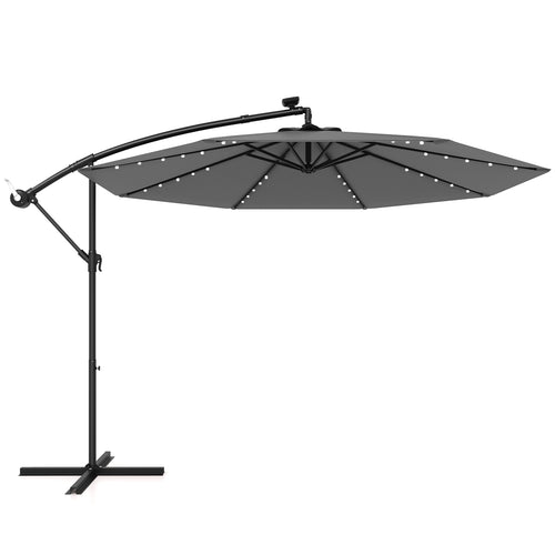 10 Feet Solar Offset Hanging Umbrella with 40 Lamp Beads and Solar Panel, Gray