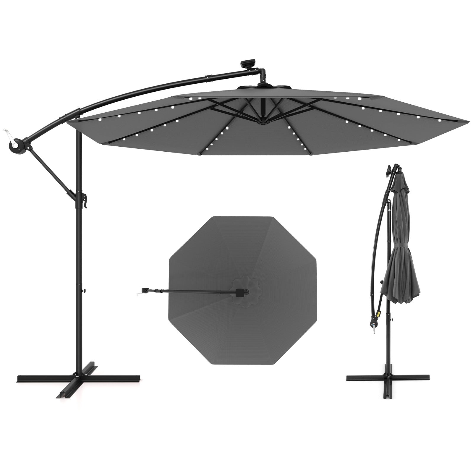 10 Feet Solar Offset Hanging Umbrella with 40 Lamp Beads and Solar Panel, Gray Outdoor Umbrellas at Gallery Canada