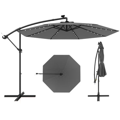 10 Feet Solar Offset Hanging Umbrella with 40 Lamp Beads and Solar Panel, Gray Outdoor Umbrellas at Gallery Canada