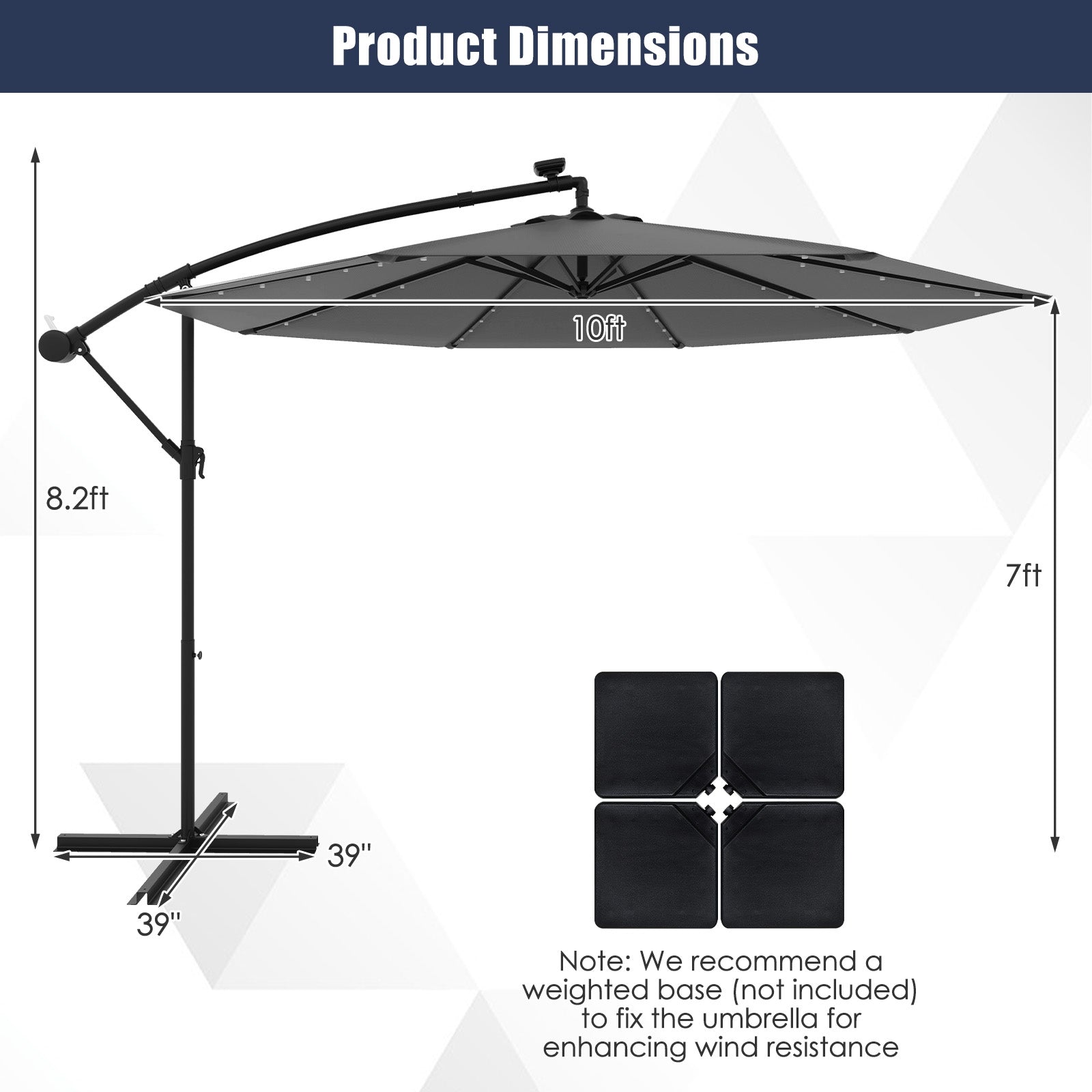 10 Feet Solar Offset Hanging Umbrella with 40 Lamp Beads and Solar Panel, Gray Outdoor Umbrellas at Gallery Canada