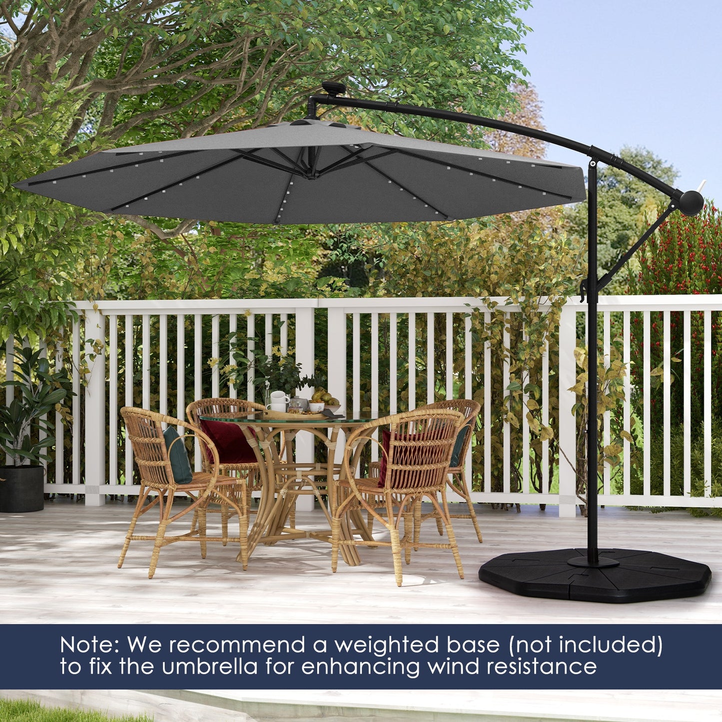 10 Feet Solar Offset Hanging Umbrella with 40 Lamp Beads and Solar Panel, Gray Outdoor Umbrellas at Gallery Canada