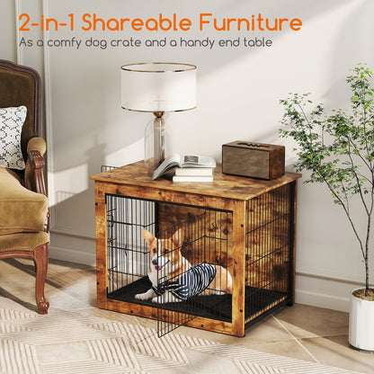 Dog Crate Furniture With Cushion, Double Doors, 33 Inches