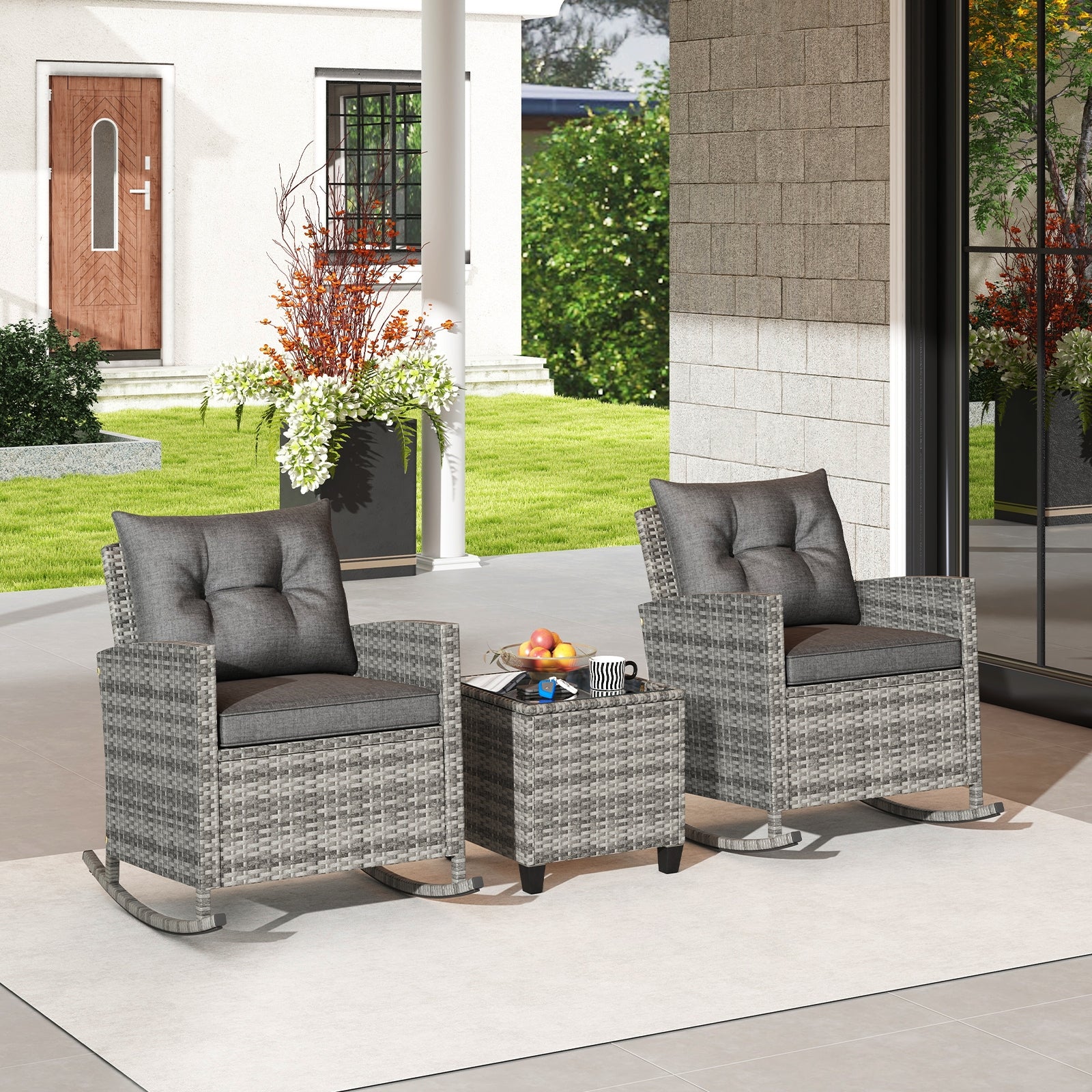 Patio Rattan Roker Chairs with Tempered Glass Table and Soft Cushions for Backyard Poolside Porch, Gray Patio Conversation Sets at Gallery Canada