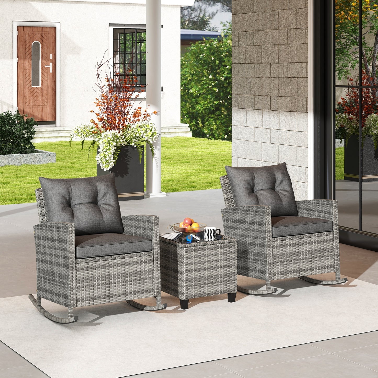 Patio Rattan Roker Chairs with Tempered Glass Table and Soft Cushions for Backyard Poolside Porch, Gray Patio Conversation Sets at Gallery Canada