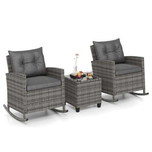 Rattan Rocker Chair With Glass Table, Soft Cushions, Gray