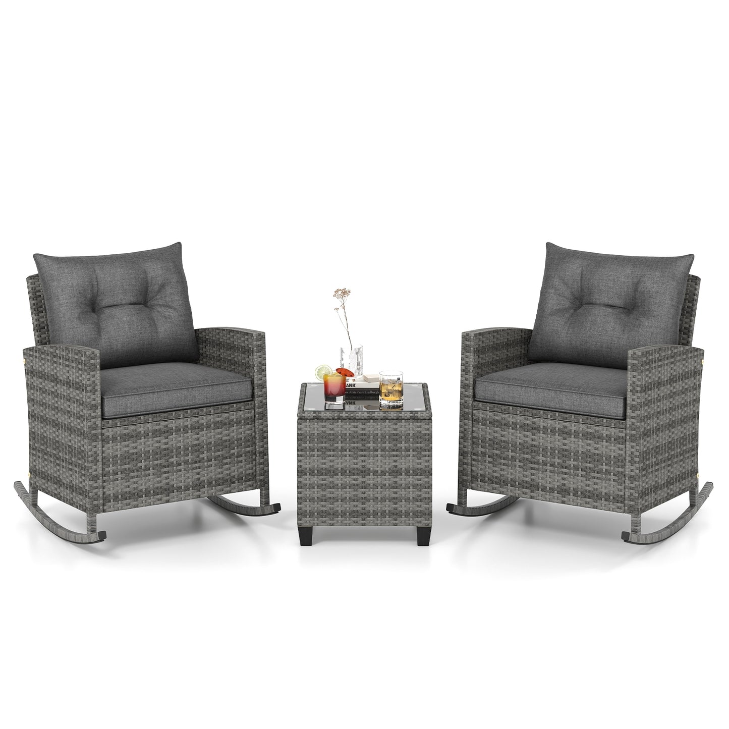 Patio Rattan Roker Chairs with Tempered Glass Table and Soft Cushions for Backyard Poolside Porch, Gray Patio Conversation Sets at Gallery Canada
