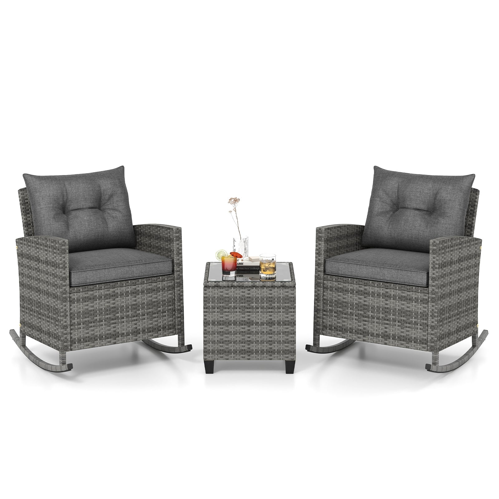 Patio Rattan Roker Chairs with Tempered Glass Table and Soft Cushions for Backyard Poolside Porch, Gray Patio Conversation Sets at Gallery Canada