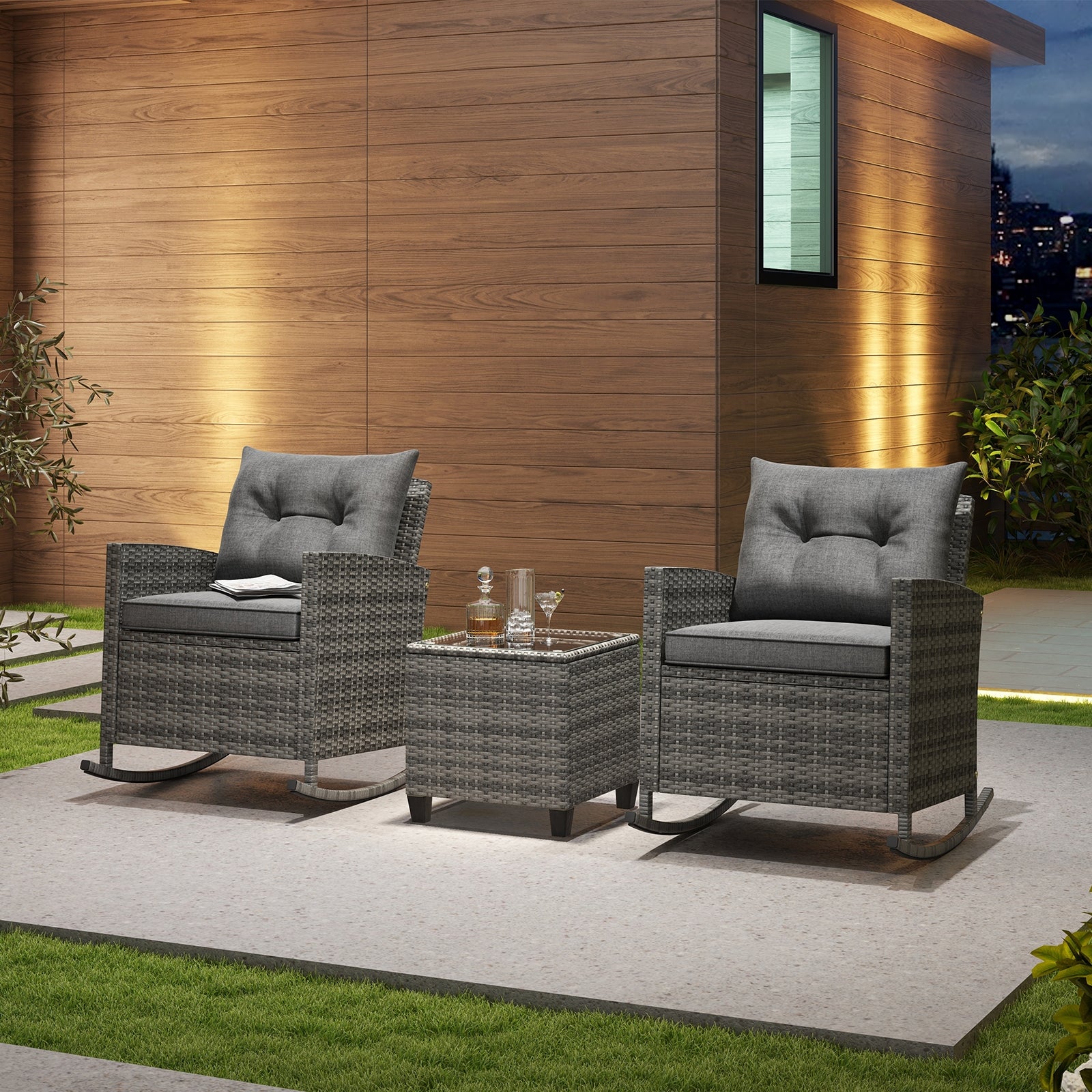 Patio Rattan Roker Chairs with Tempered Glass Table and Soft Cushions for Backyard Poolside Porch, Gray Patio Conversation Sets at Gallery Canada