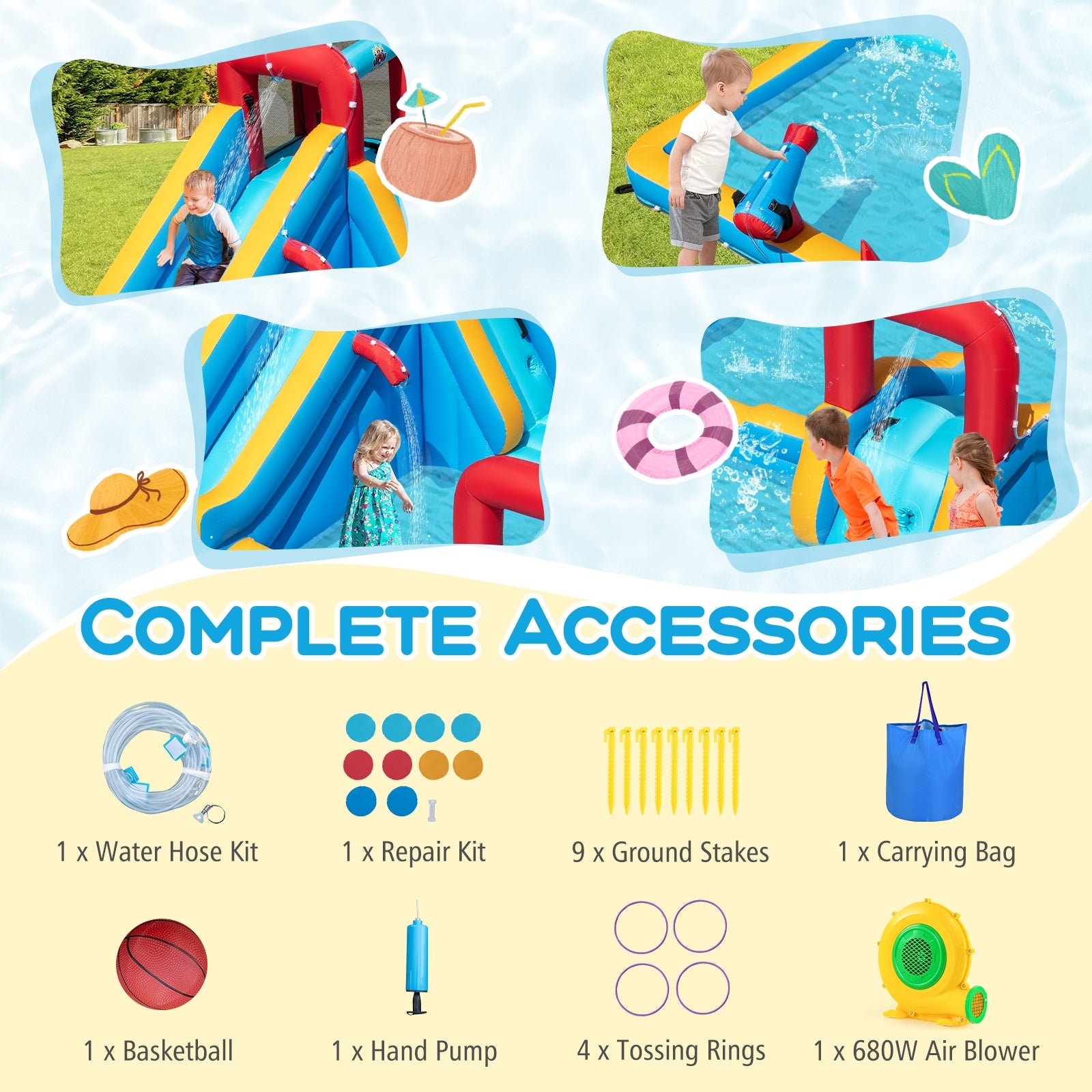 Inflatable Double Water Slide Park 9-in-1 Giant Bounce House 680W Blower Included Inflatable Water Slides at Gallery Canada