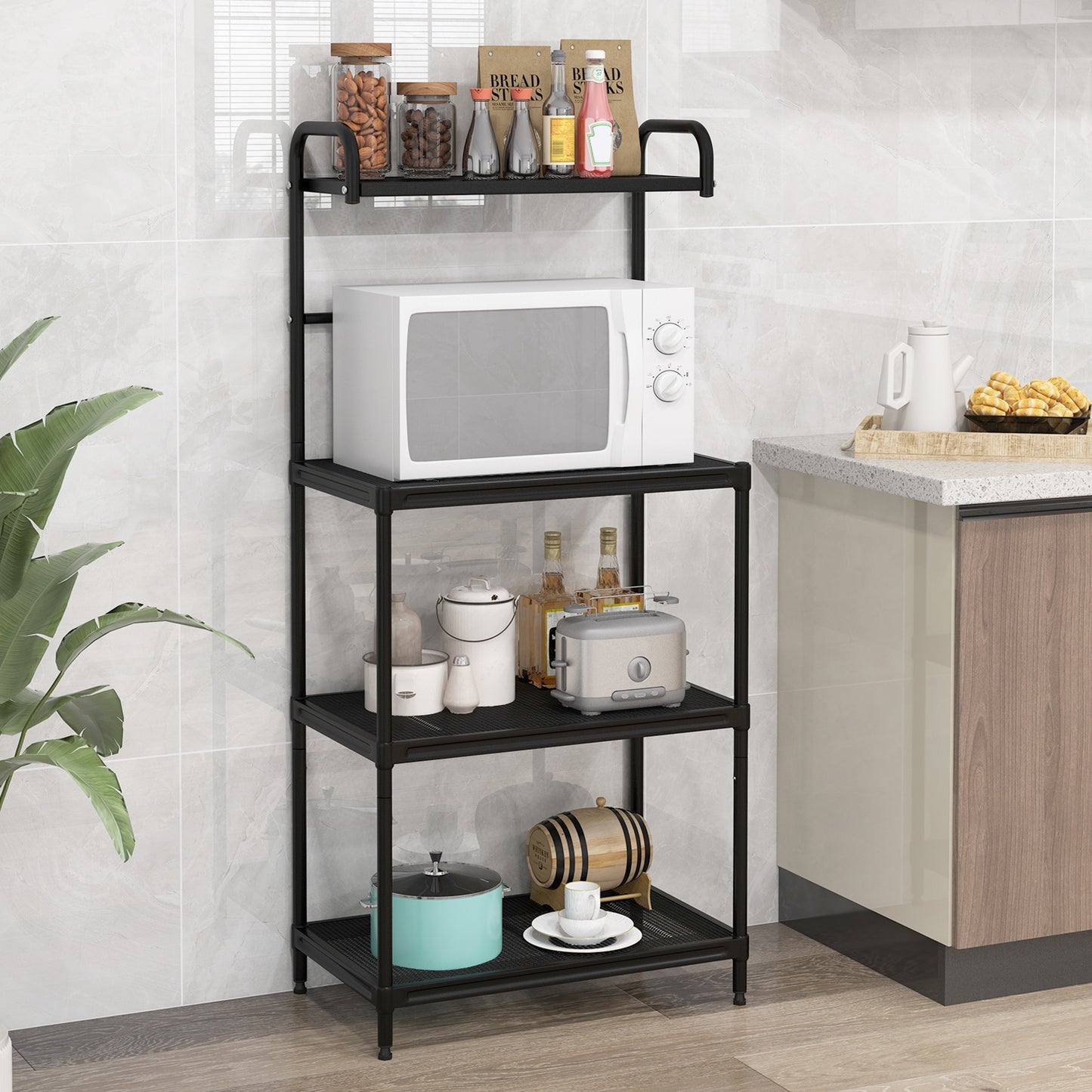 4-Tier Kitchen Microwave Storage Rack with Metal Shelves, Black Baker's Racks at Gallery Canada