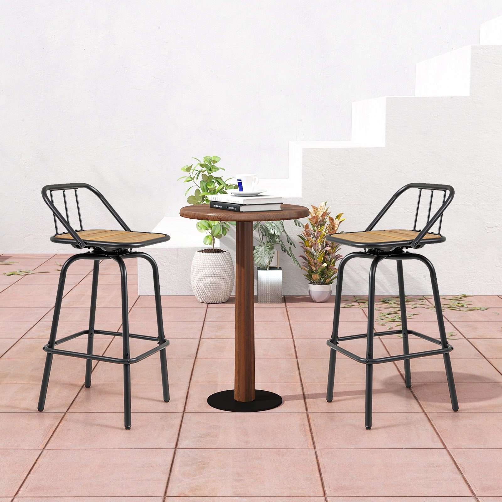 360° Swivel Bar Stool Set of 2 with Footrest and Backrest-Balck & Natural, Natural & Black Bar Stools at Gallery Canada