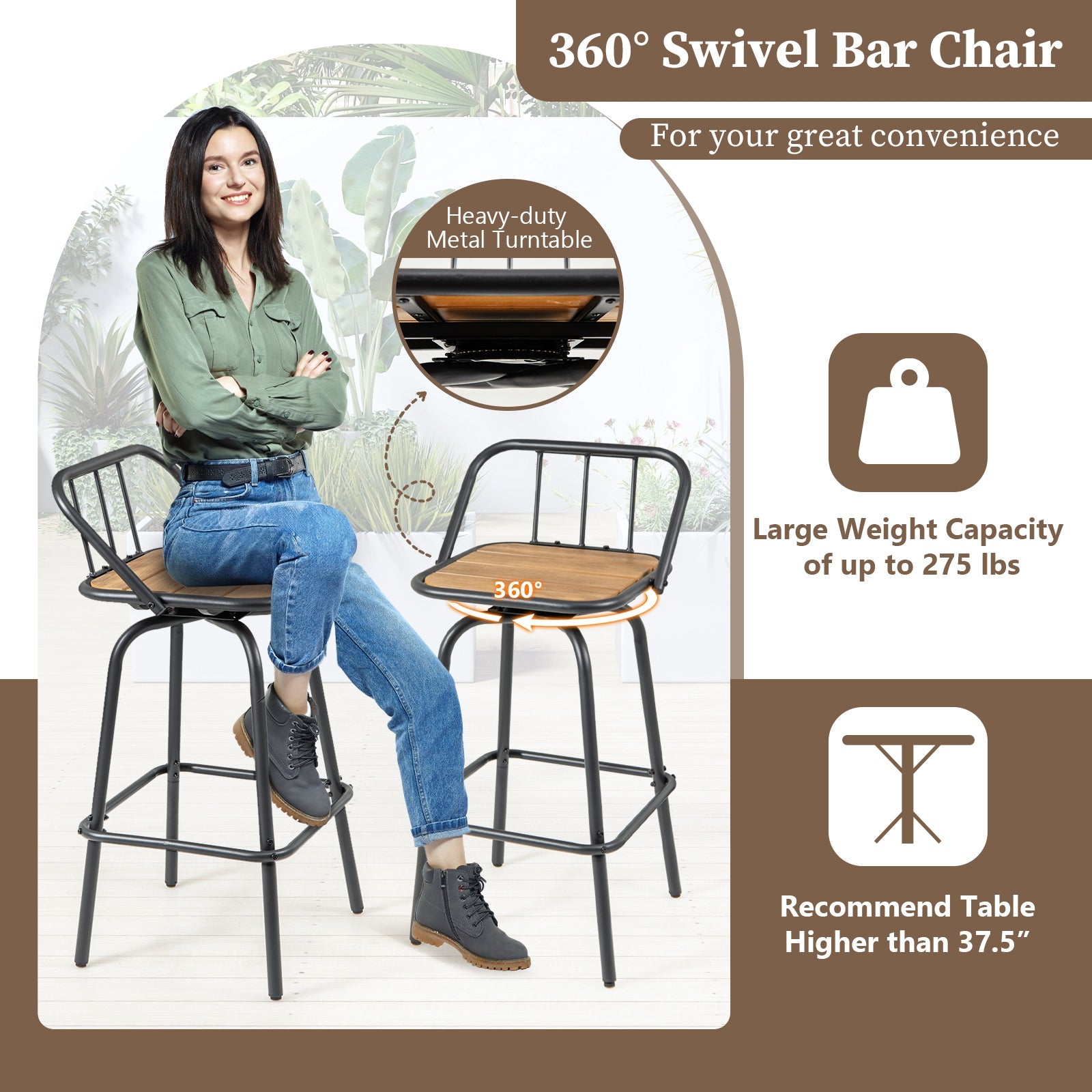 360° Swivel Bar Stool Set of 2 with Footrest and Backrest-Balck & Natural, Natural & Black Bar Stools at Gallery Canada